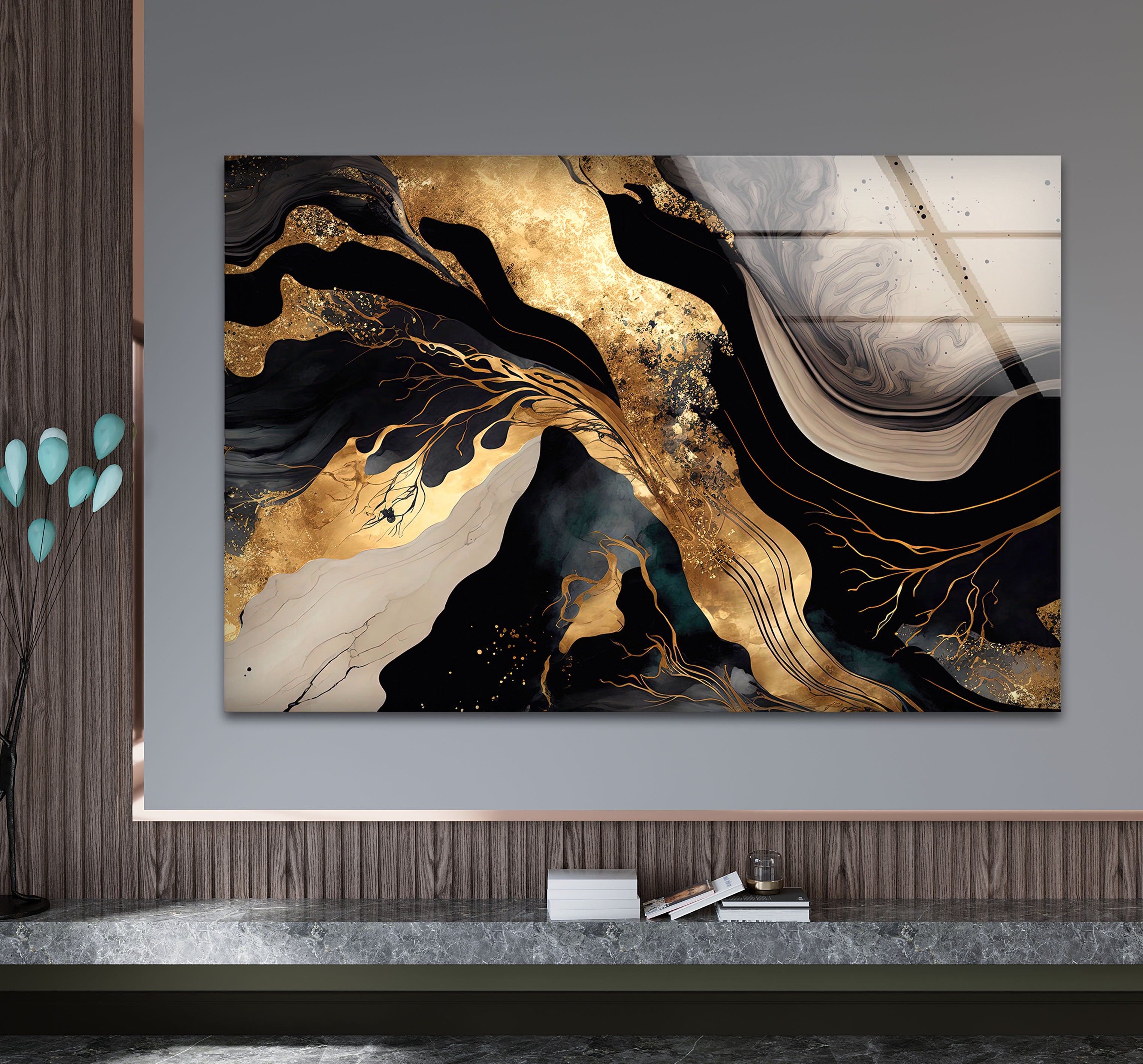 Black & Gold Abstract Glass Wall Art - Luxury Modern Fluid Design for Living Room, Bedroom & Office Decor | Elegant Home & Commercial Interior Design