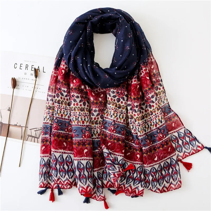 2023 Fashion Paisley Abstract Floral Tassel Viscose Shawl Scarf - Women's Lightweight Pashmina Wrap Stole & Muslim Hijab (180x90cm) - Perfect for Daily Wear, Office, Parties & Prayer