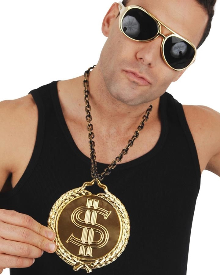 Vintage 80s Dollar Sign Medallion Necklace - Hip Hop Gold Plated Pendant for Men & Women - Perfect for 80s Theme Parties, Hip Hop Fashion & Retro Jewelry Collection
