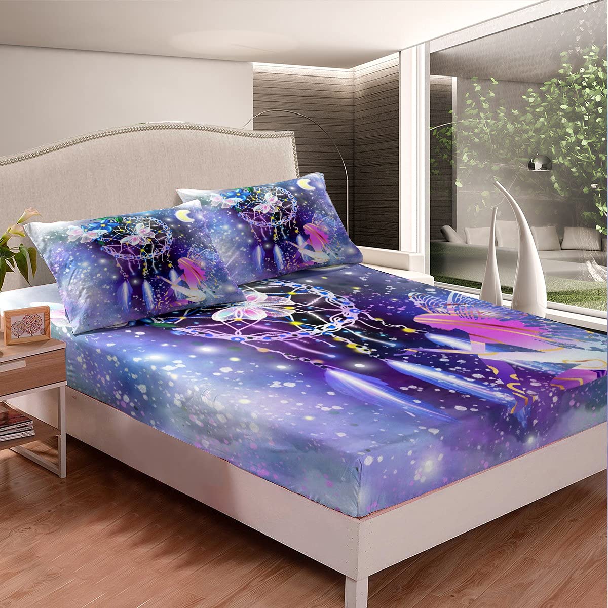 Bohemian Dreamcatcher Fitted Sheet Set for Kids - Queen Size Bedding with Butterfly & Feather Design, Includes 2 Pillowcases - Perfect for Boys' Room Decor, Nursery or Boho Chic Bedroom Makeover