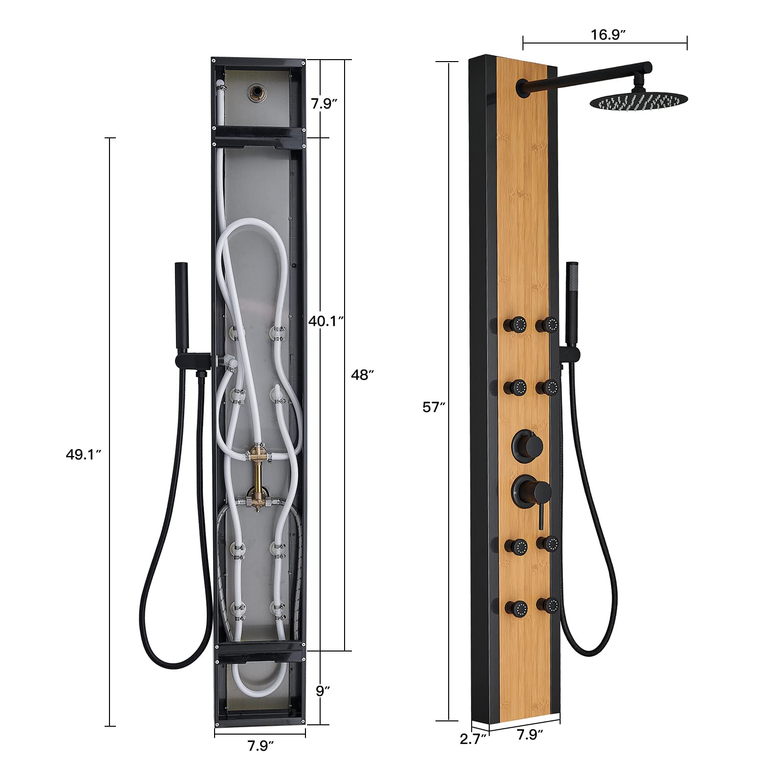Bamboo & Stainless Steel Rainfall Shower Panel System with 8 Body Jets, Adjustable Round Shower Head & Handheld Wand - Luxury Spa Experience for Modern Bathrooms