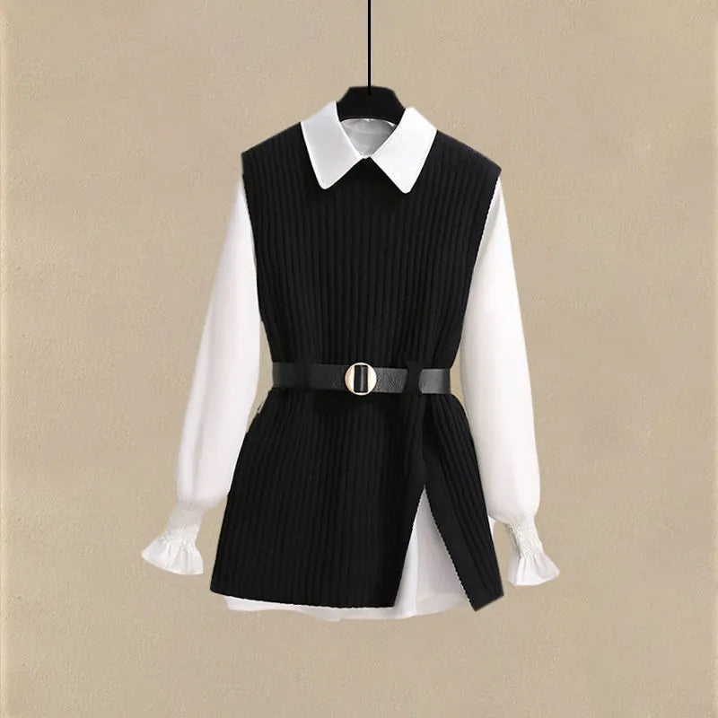 Korean Style Autumn Women's 3-Piece Outfit - Chiffon Shirt, Knitted Sweater & Jeans Set, Elegant Tracksuit for Casual Wear | Office, Dating & Fall Fashion