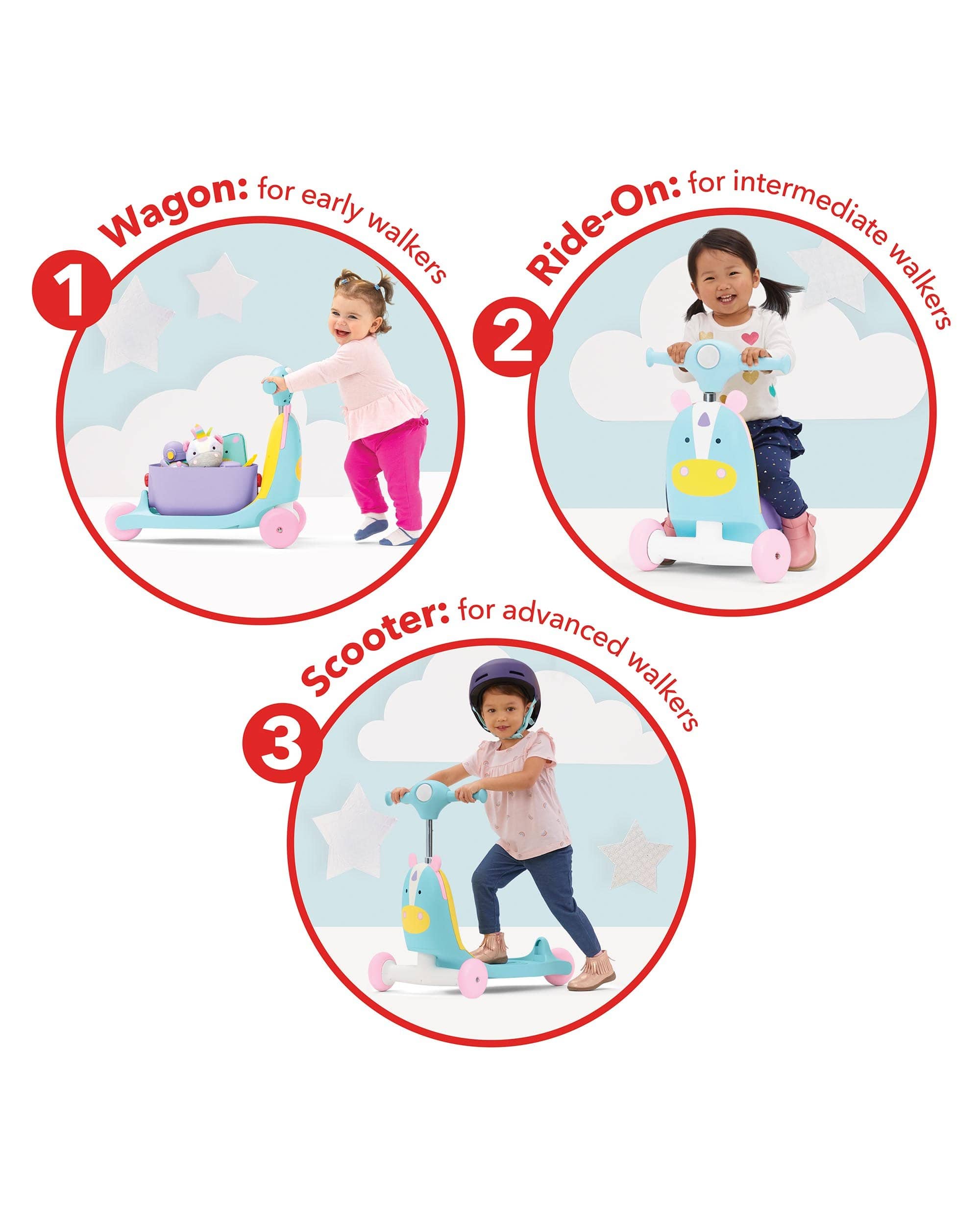 Skip Hop Zoo 3-in-1 Ride-On Baby Walker, Toddler Scooter & Push Toy - Fun Learning Activity for Indoor & Outdoor Play
