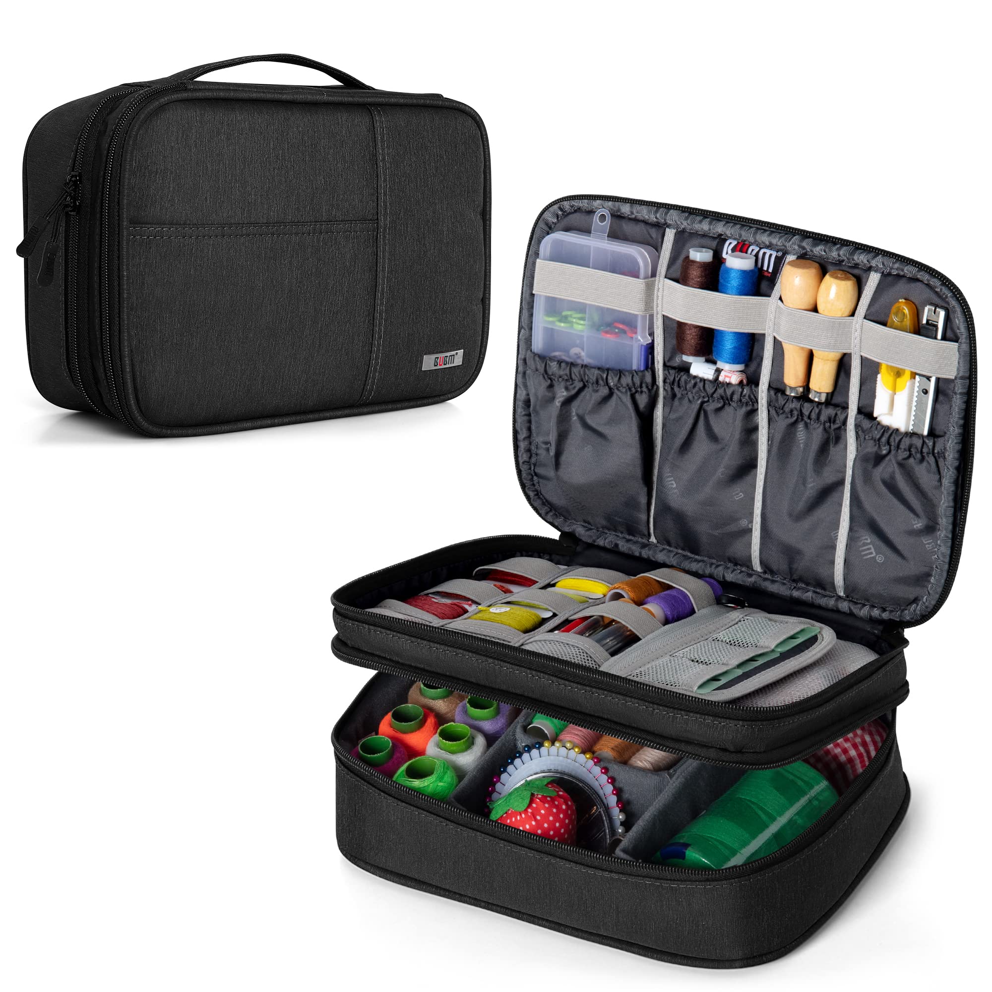 BUBM Double Layer Sewing Organizer with Detachable Dividers - Medium Black Sewing Kit Storage Bag for Needles, Thread & Notions | Perfect for Travel, Home Crafting & Sewing Projects