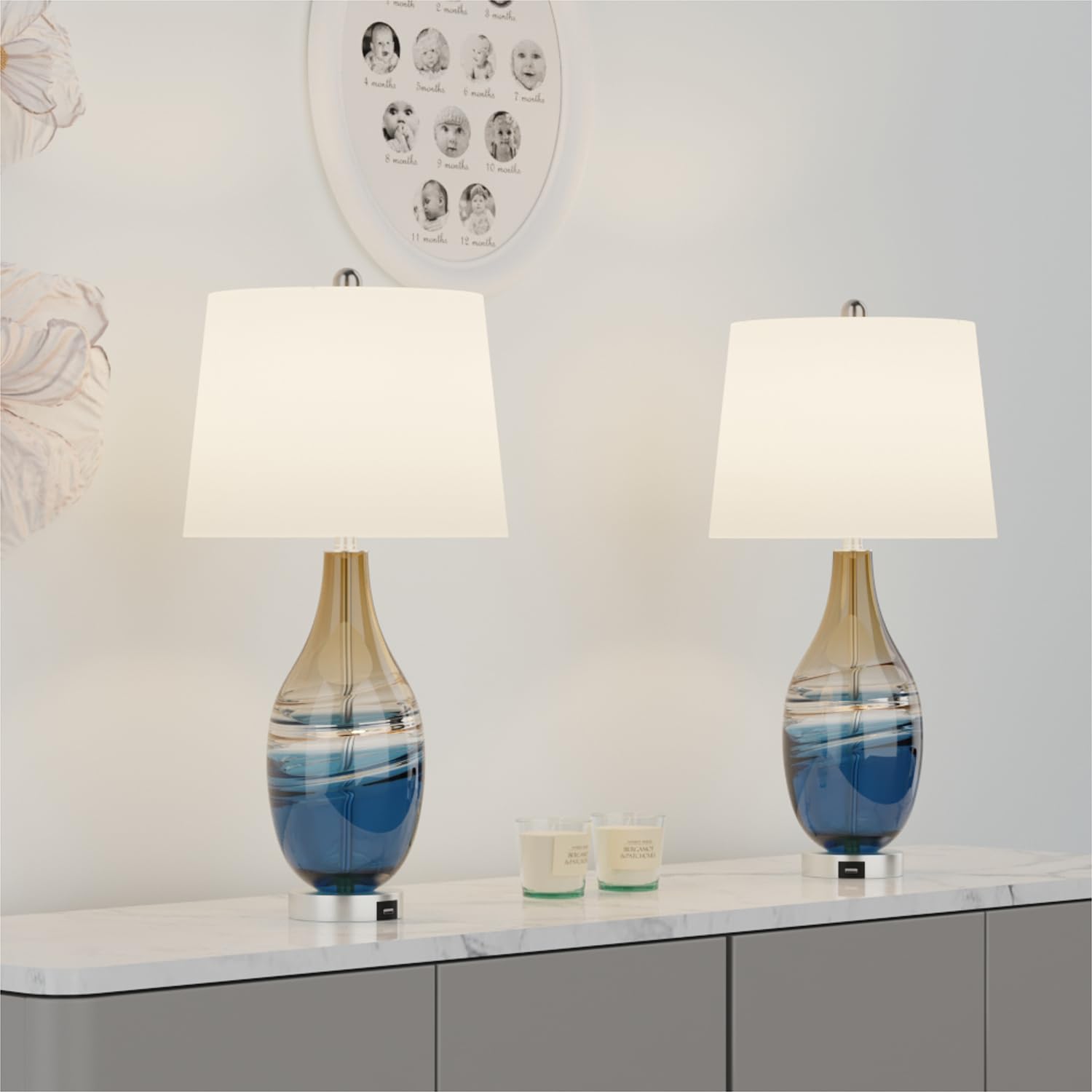 Modern Glass Table Lamps Set of 2 with USB Charging Port - 3-Way Dimmable Nightstand Lights for Bedroom & Living Room - ETL Certified Bedside Lamps with White Shade in Blue & Gold Finish - Perfect for Reading, Relaxing and Charging Devices