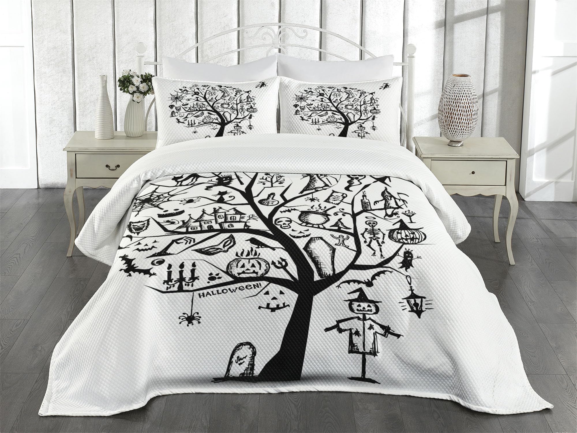 Ambesonne Halloween Bedspread Set - Spooky Tree & Witch Broom Abstract Design, 3-Piece King Size Bedding with 2 Pillow Shams (Black & White) | Perfect for Halloween Decor, Themed Parties & Gothic Home Decor