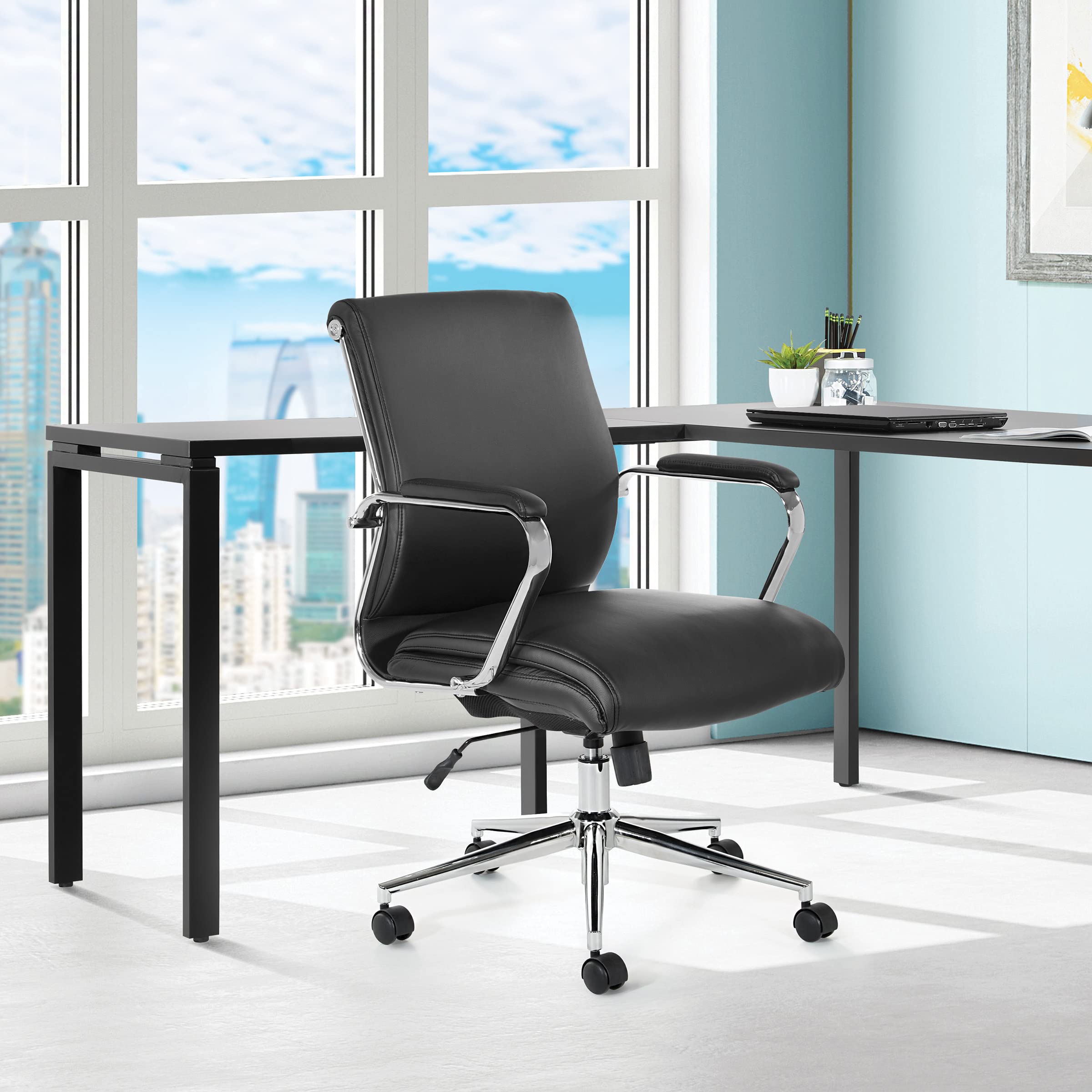 Office Star Antimicrobial Manager's Adjustable Office Chair with Chrome Base - Mid-Back Ergonomic Desk Chair with Dillon Black Fabric - Perfect for Home Office, Executive Workspace & Business Meetings