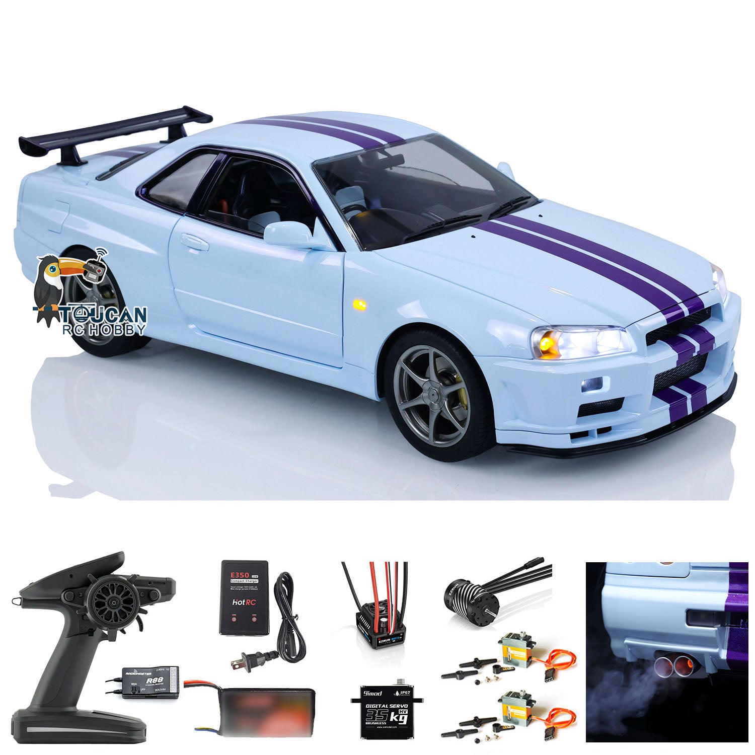 1/8 Scale R34 RC Racing Car 4WD High Speed Remote Control Drift Car with Metal Chassis, Smoke & Sound Effects - Ready to Run (RTR) - Perfect for Off-Road Racing, Drifting & Backyard Fun