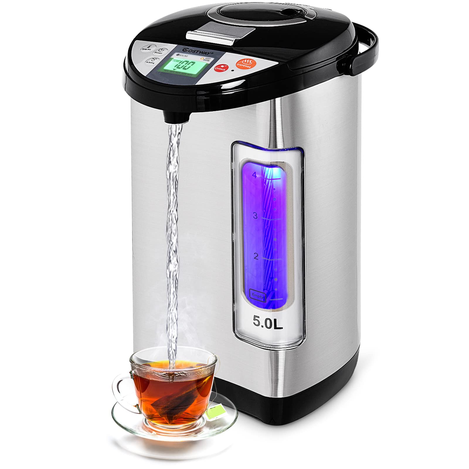 COSTWAY 5L Electric Hot Water Dispenser with LCD Display & 5-Temperature Settings, Stainless Steel Instant Boiler with Safety Lock - Perfect for Home, Office, Tea & Coffee Making