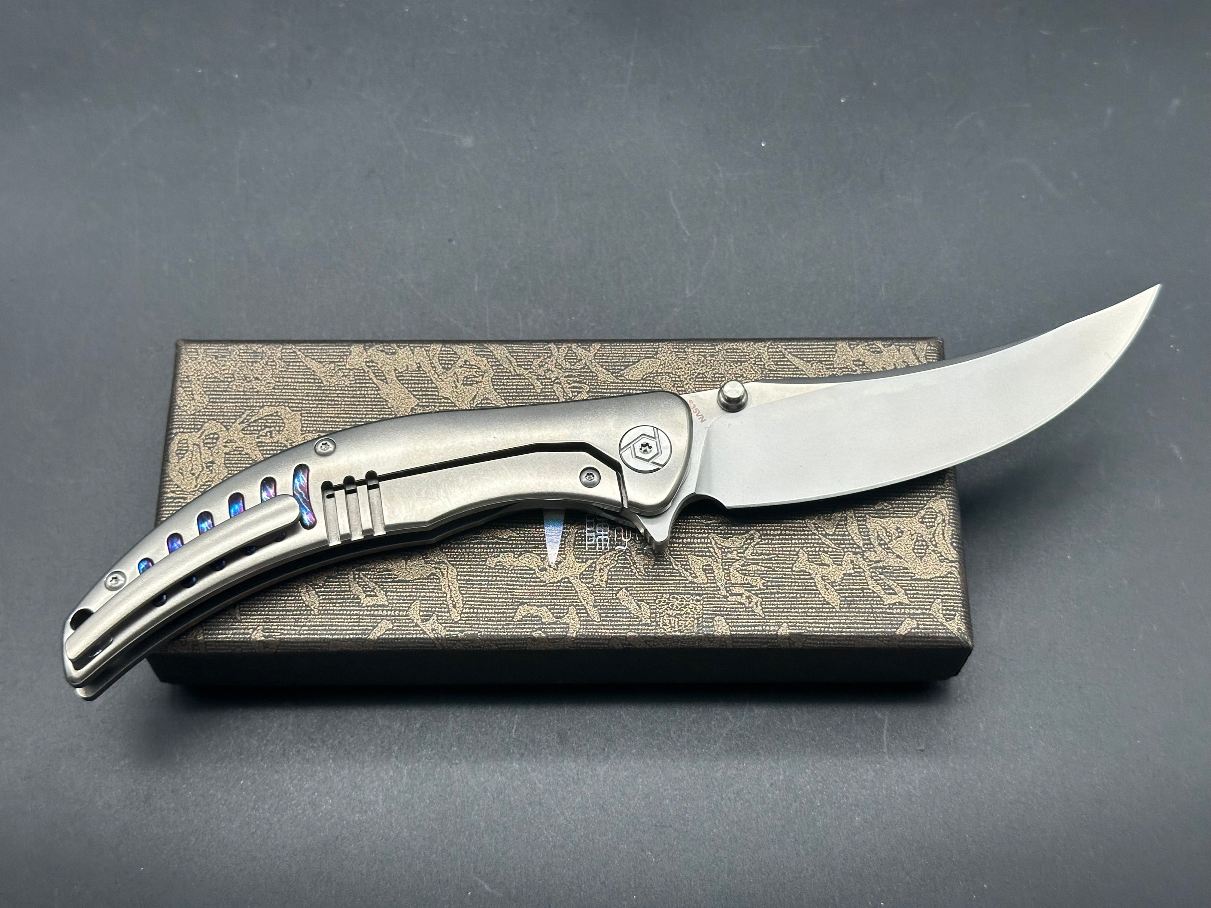 CH Knives Sultan Folding Knife - Grey Titanium Handle, S35VN Steel Plain Edge - EDC, Outdoor Camping, Survival & Tactical Use