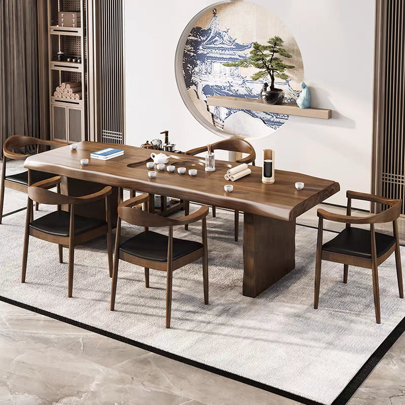 Premium Chinese Gongfu Tea Table Set with Genuine Leather Chairs - Traditional Tea Ceremony Furniture for Home & Zen Meditation Space
