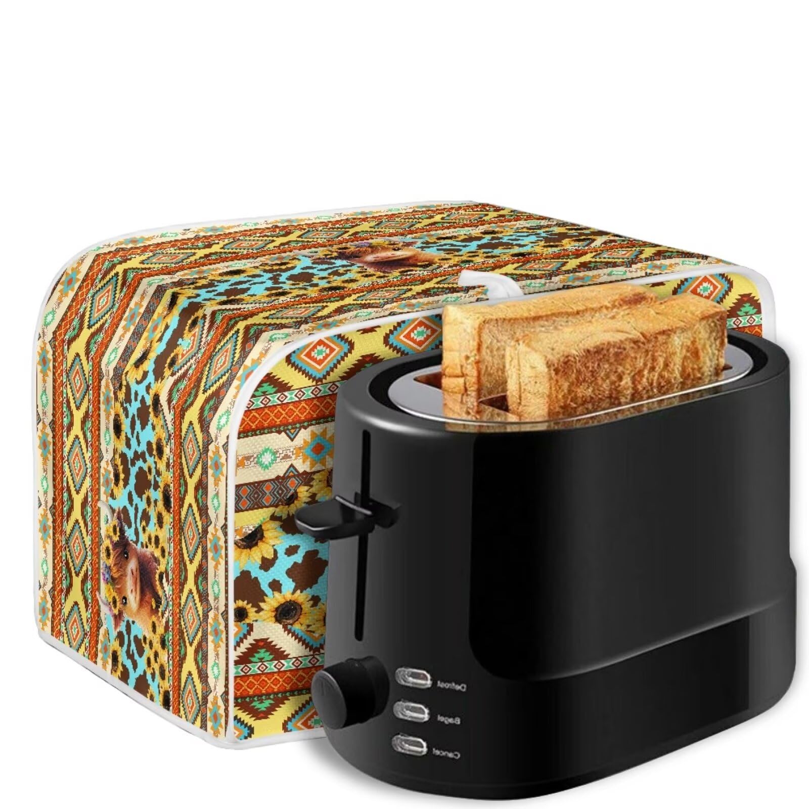 Aztec Sunflower Printed Toaster Oven Cover | Highland Cattle Design | Fits Most 2-Slice Toasters & Bread Makers | Heat-Resistant Kitchen Appliance Protector for Countertop Safety & Style