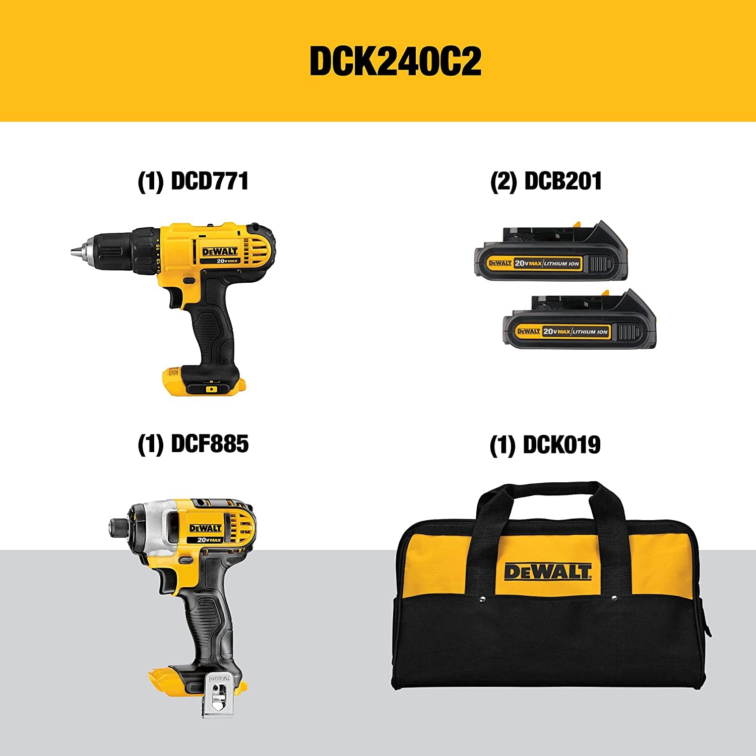 DEWALT 20V Max Cordless Drill Combo Kit (DCK240C2 & DCB201) - 2-Tool Set with 1.5Ah 20V Li-Ion Battery - Perfect for Home DIY Projects, Woodworking, and Professional Construction Work
