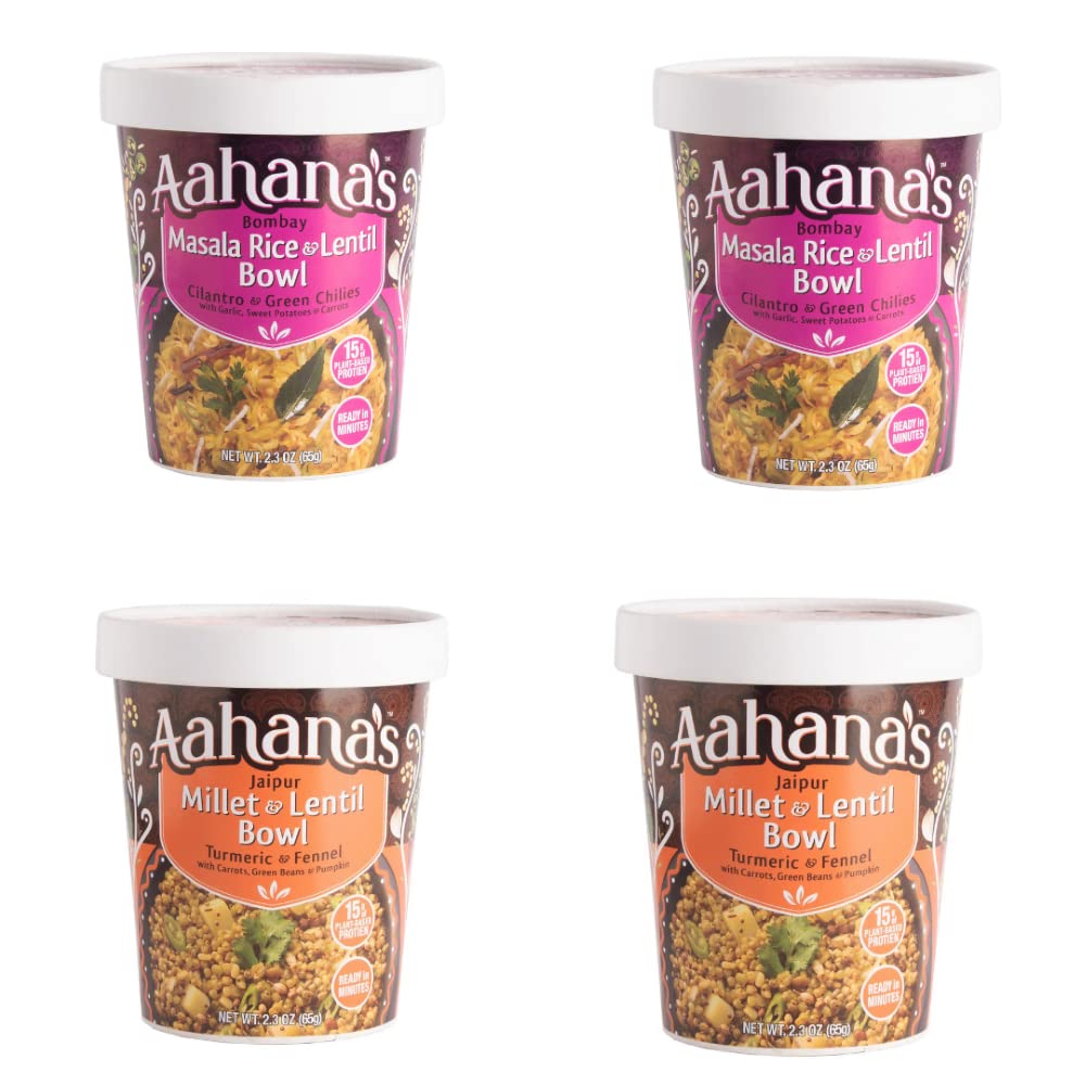 Aahana's Bombay Masala Rice & Lentil | Jaipur Millet & Lentil Bowl – Vegan, Gluten-Free, Plant-Based Ready-to-Eat Indian Meals (4 Pack) | Perfect for Quick Lunches, Healthy Dinners & On-the-Go Snacks