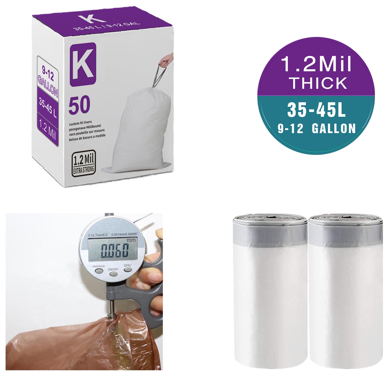 **2 Pack (100 Count) Heavy Duty 9-12 Gallon Trash Bags - 1.2 Mil Thick, Reinforced Drawstring, Leak-Proof & Tear-Resistant - Compatible with Simplehuman Trash Cans - Perfect for Kitchen, Bathroom & Office Waste Disposal**