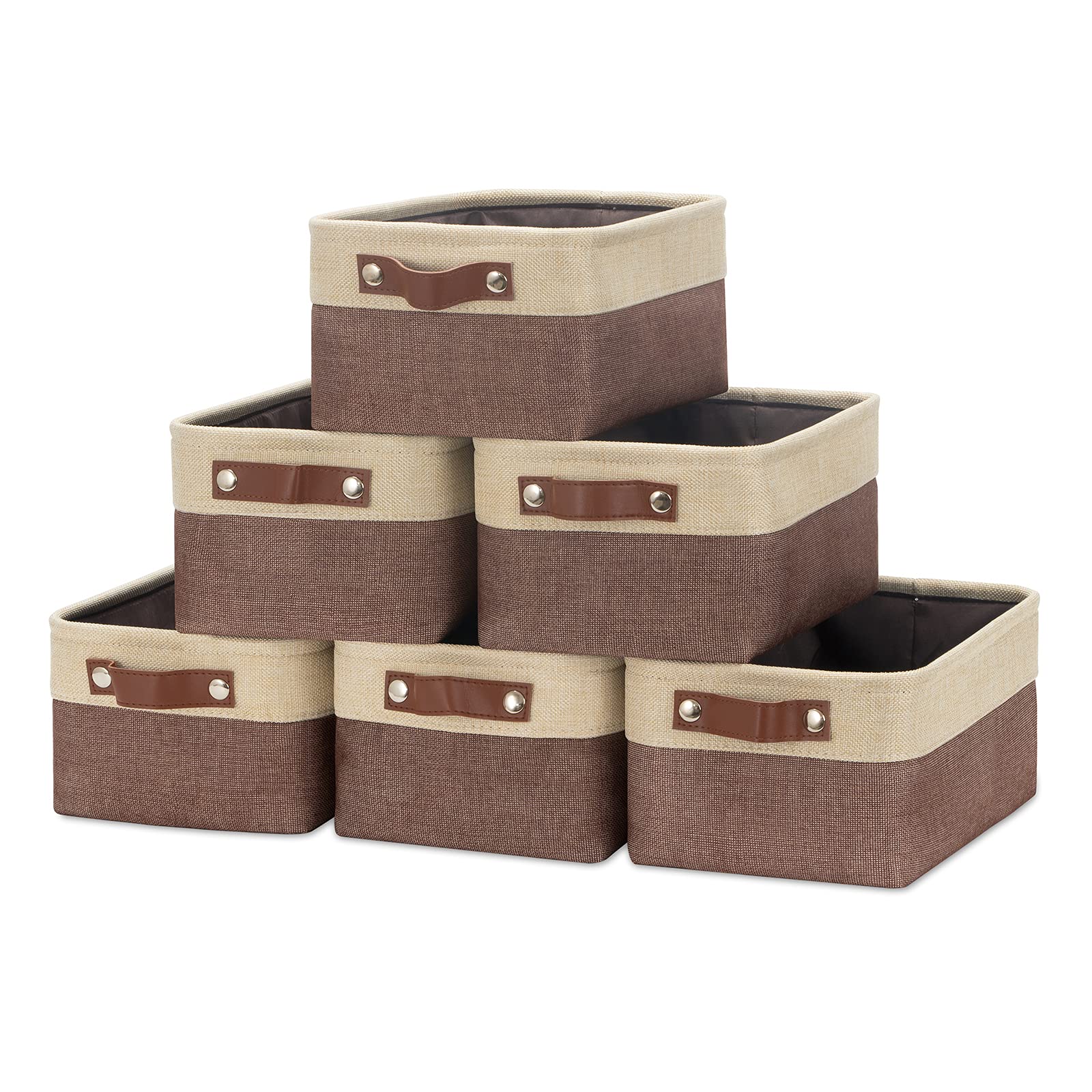 Foldable Fabric Storage Baskets for Shelves (6-Pack) - Small Canvas Bins with Handles for Closet, Nursery, Home & Toy Organization - Gold & Brown 11.8
