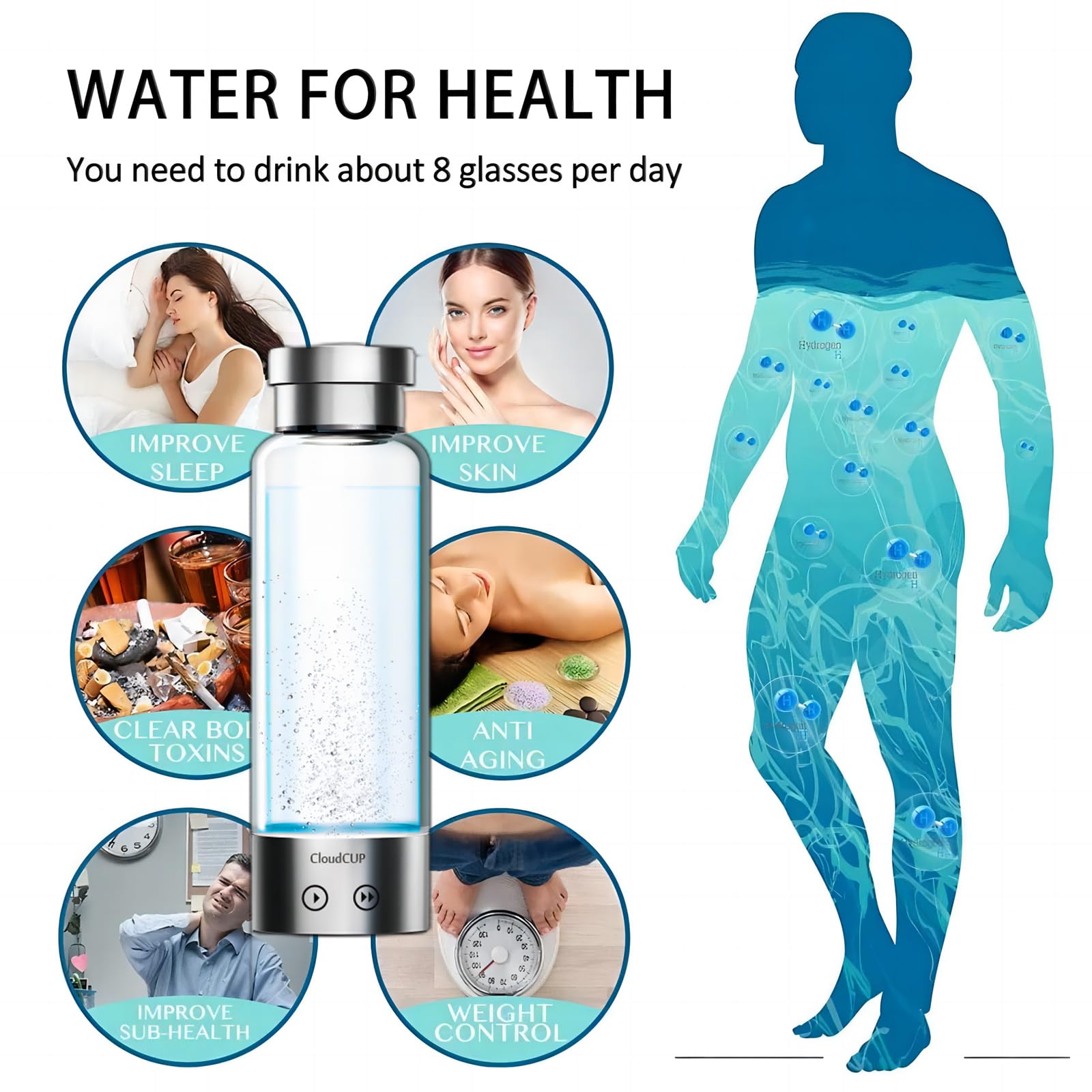 Premium 480ml Hydrogen Water Bottle Generator - IC Intelligent Alkaline Water Machine with Double Layer Glass, LED Display & USB Charging | Portable Hydrogen-Rich Water Maker for Home, Office, Gym & Travel Hydration