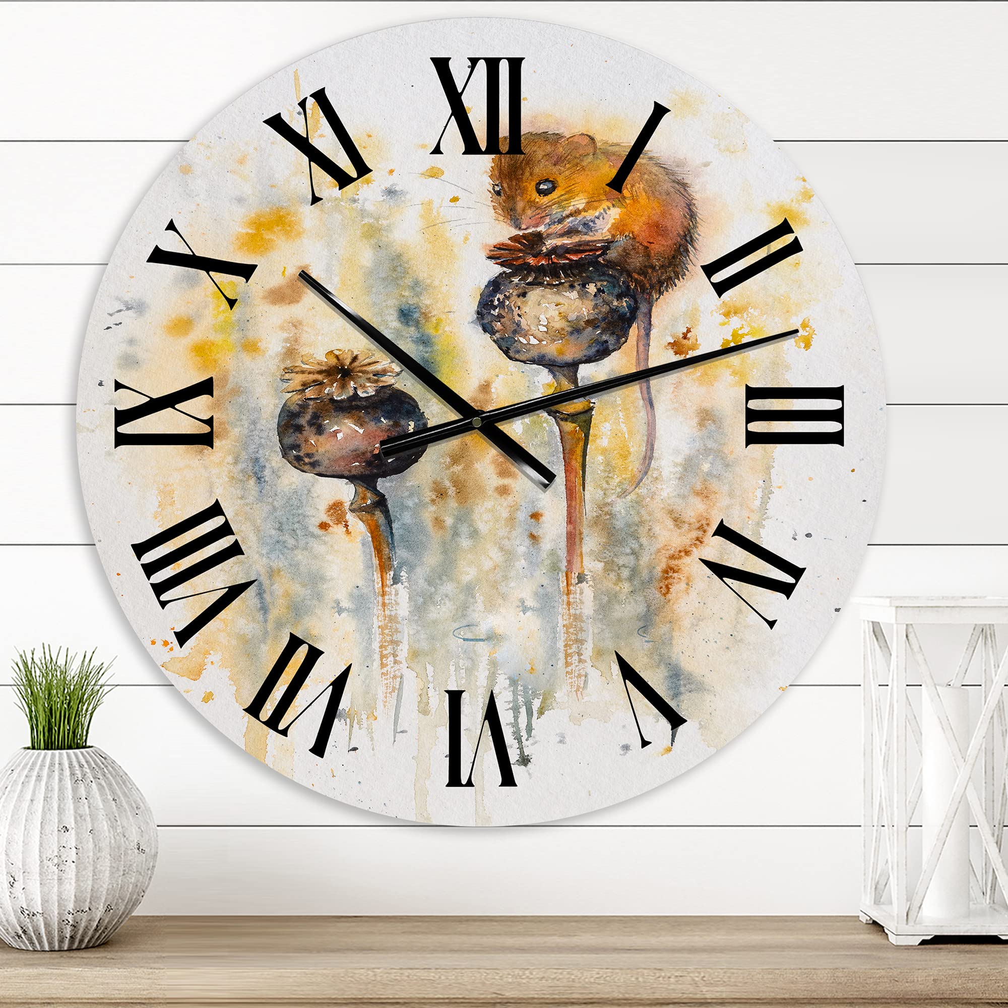 DesignQ Traditional Large Wall Clock - Mouse Sitting On Poppies, Animal Theme Home & Office Decor - Perfect for Living Room, Bedroom, Kitchen, and Workspace