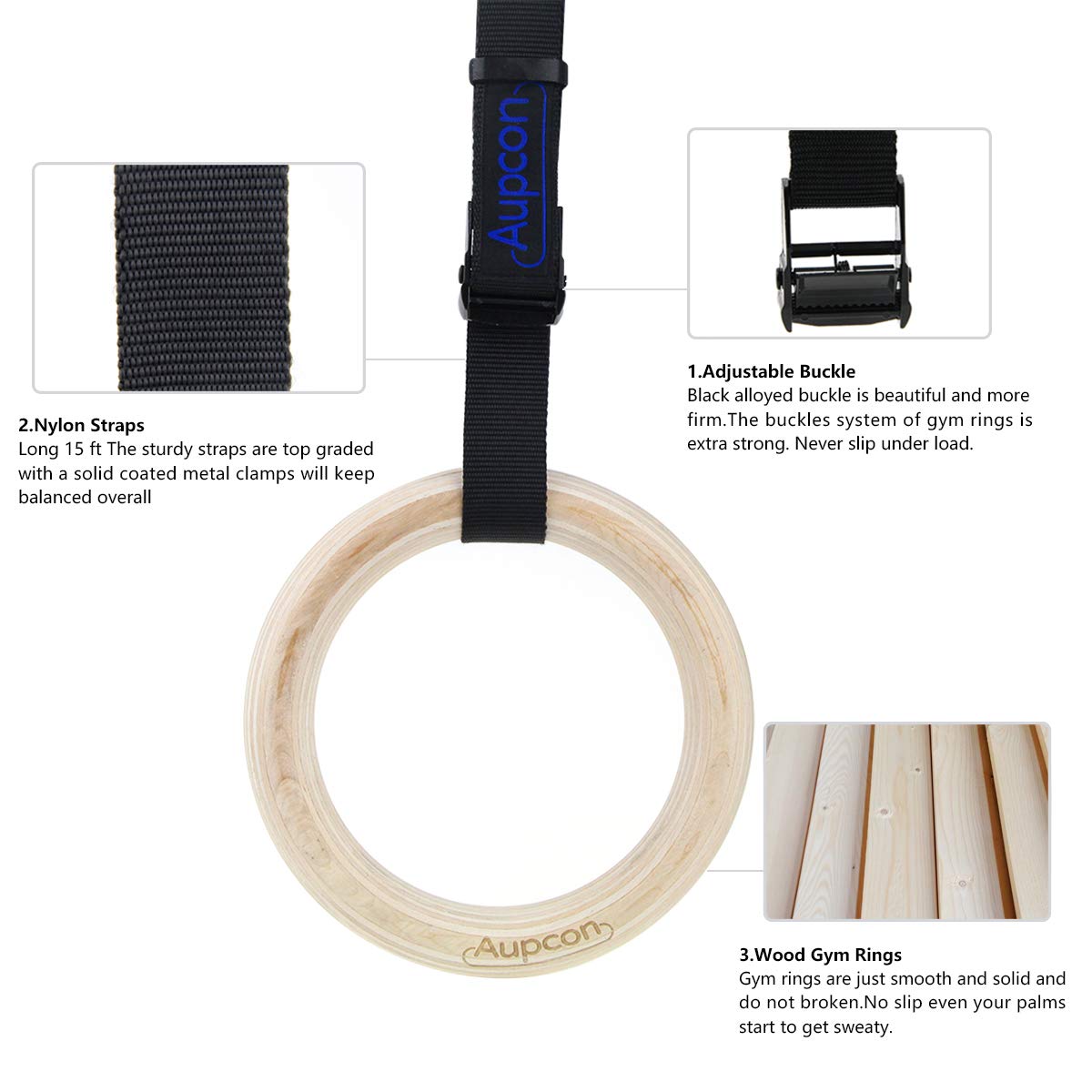 AUPCON Wood Gymnastic Rings - Olympic Gym Rings with Adjustable Straps for Pull Ups, Strength Training, Dips & Home Workouts - Perfect for CrossFit, Calisthenics & Outdoor Fitness