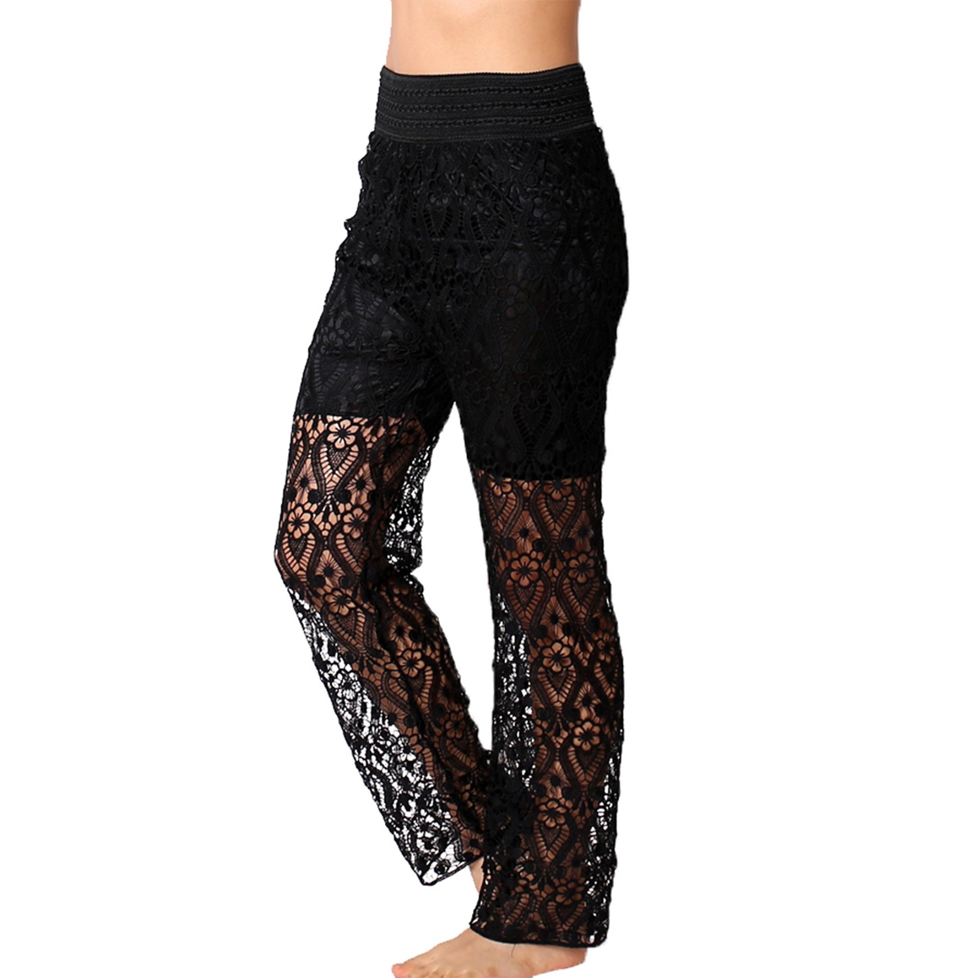 TD Collections Women's Stretch Waist Crochet Full Length Lounge Pants - Comfortable Boho Style Pants for Yoga, Beach & Casual Wear