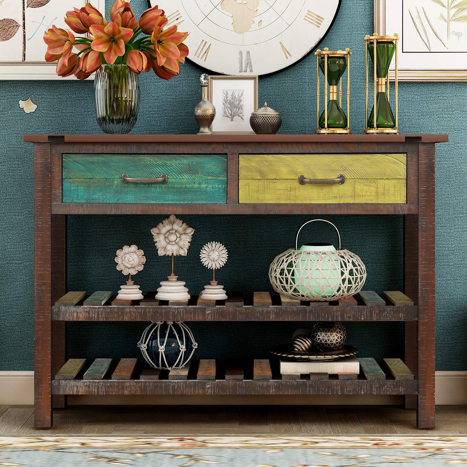 Modern Console Table with Drawers & 2-Tier Shelves - Entryway Sofa Table for Hallway, Living Room & Bathroom - Stylish Home Decor for Small Spaces (Colorful) - Perfect for Entryway Organization & Living Room Storage