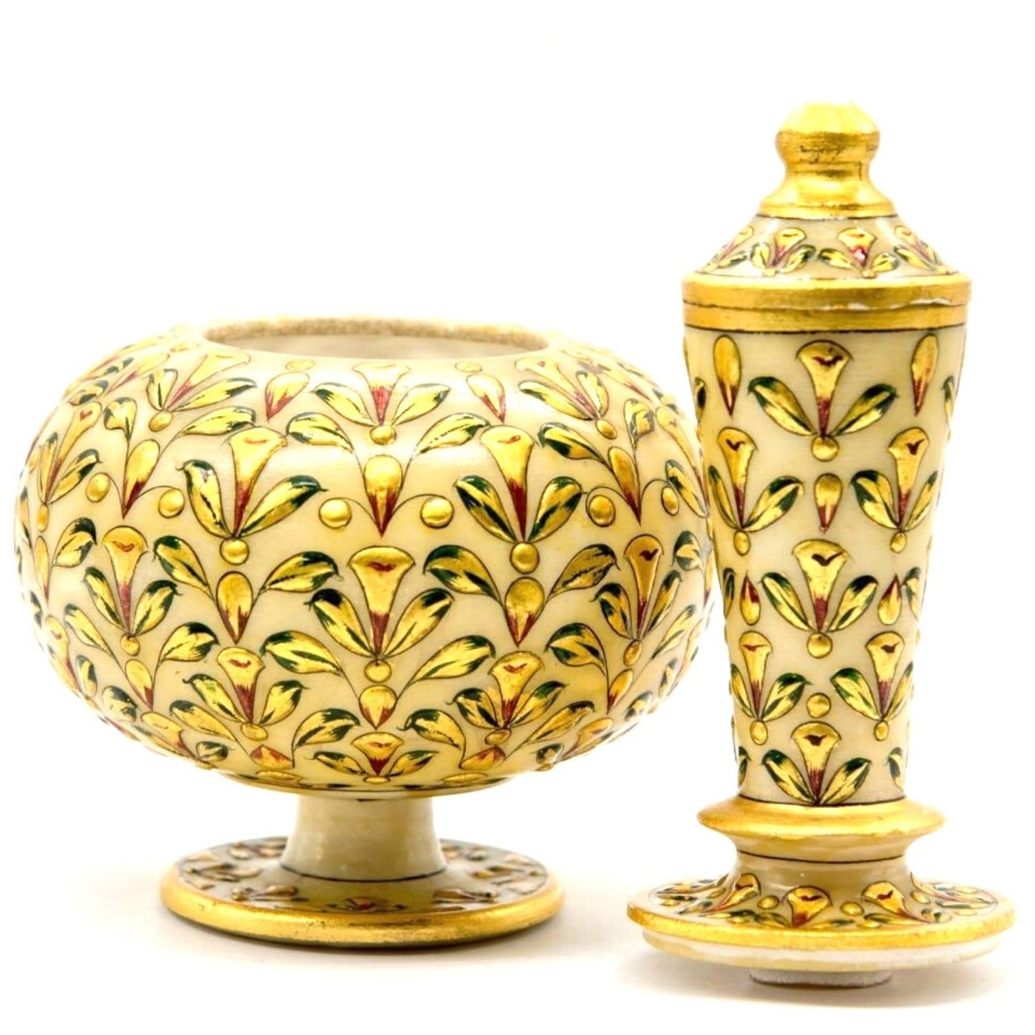 Handcrafted Marble Vase with Gold Enamel Work - Jain Arts Decorative Showpiece for Shelf, Table, Bookshelf, Entryway & Centerpiece - 5 x 5 x 9.5 Inch - Perfect for Home Decor, Wedding Gifts & Luxury Interior Design