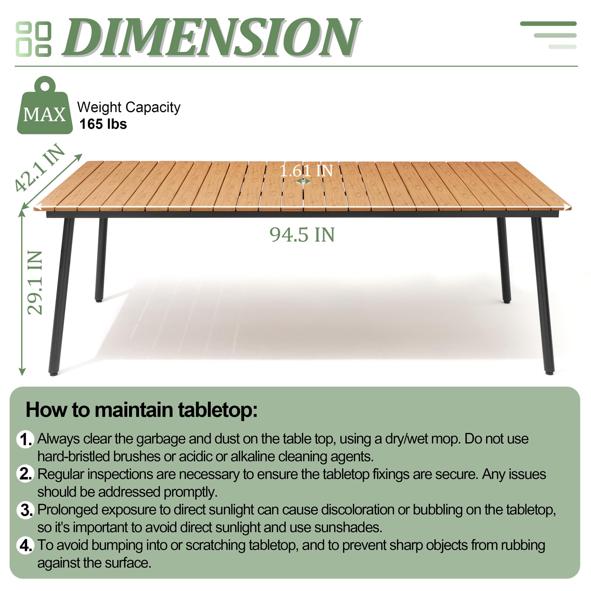 94.5 Inch Outdoor Patio Dining Table - Weather-Resistant Aluminum Frame & Wood-Like Tabletop - Rectangular Design with Umbrella Hole - Perfect for Backyard BBQs, Poolside Gatherings & Garden Parties (Brown, Table Only)