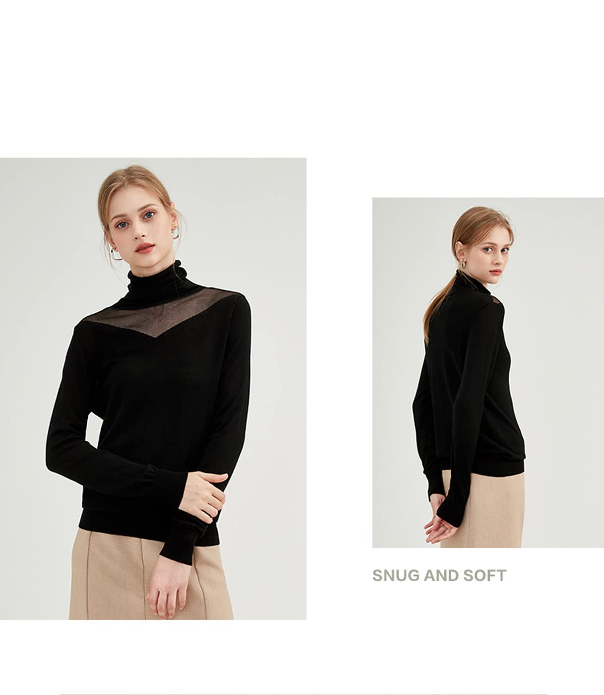 100% Wool Women's Lace High Neck Crewneck Sweater - Long Sleeve Pullover Top (XL, Black) | Warm Winter Fashion for Office & Casual Outfits