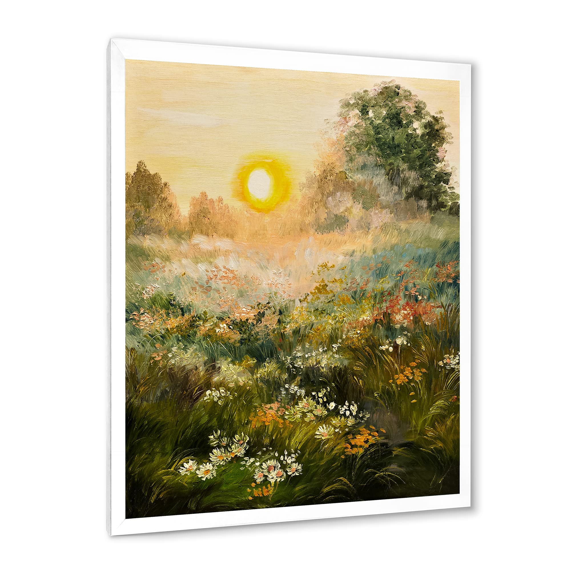 DesignQ Sunrise In The Blossoming Field Farmhouse Framed Wall Art - Rustic Floral Landscape Painting for Living Room, Bedroom & Office Decor