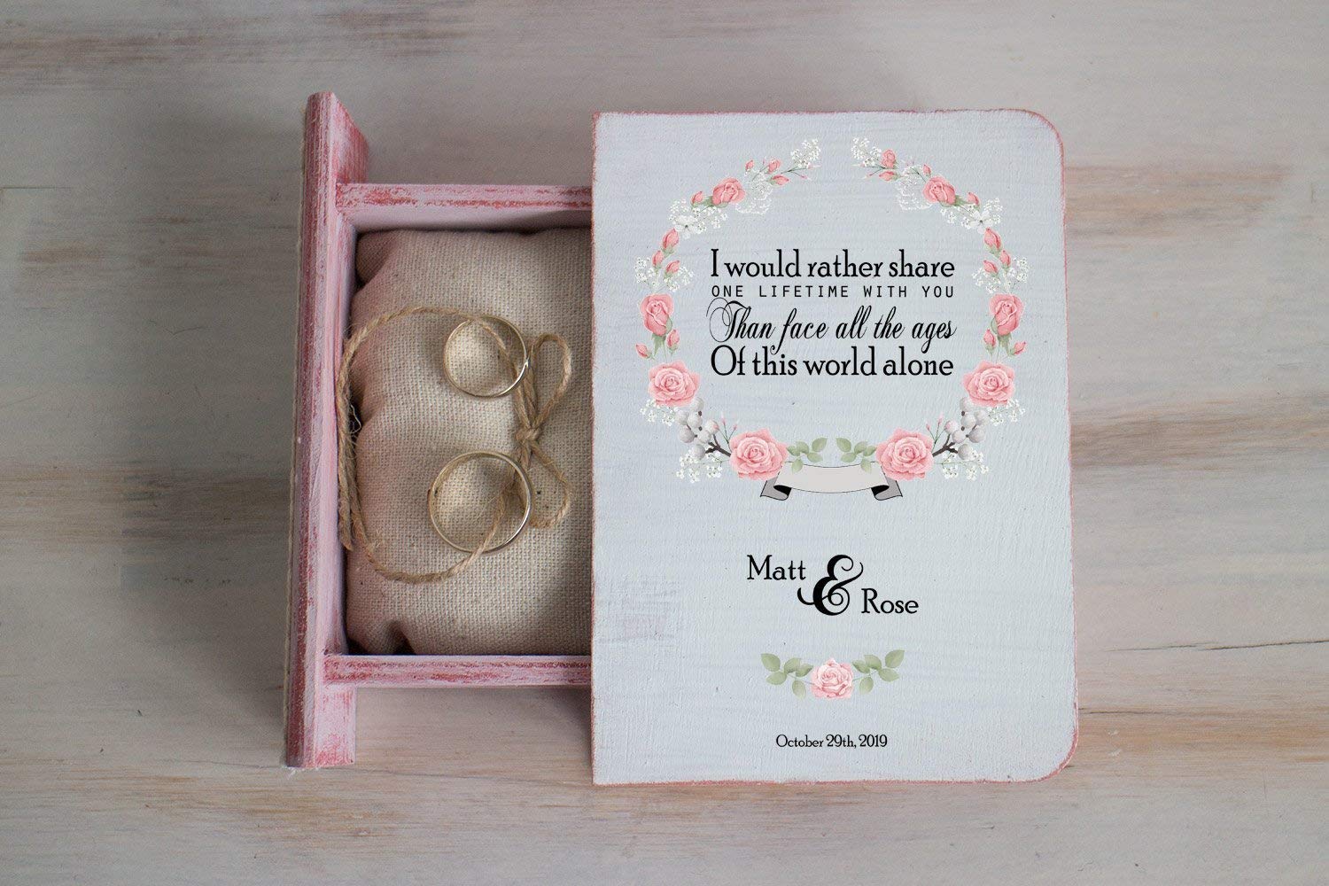 Personalized Wedding Ring Box - Black & White Ring Bearer Box with Blush Pink Roses, Floral Engagement Ring Holder for Spring Weddings, Bridal Showers & Proposals - Elegant Gift Box for Jewelry Storage