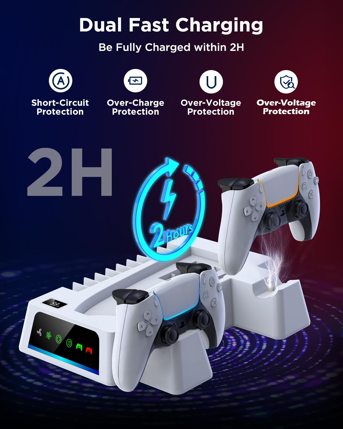 YOGES PS5 Slim Cooling Stand with Dual Controller Charger & Temperature Sensor - Fast 2H Charging, Cooling Fan Station for PlayStation 5 Slim - White | Perfect for Gaming Marathons & Controller Organization