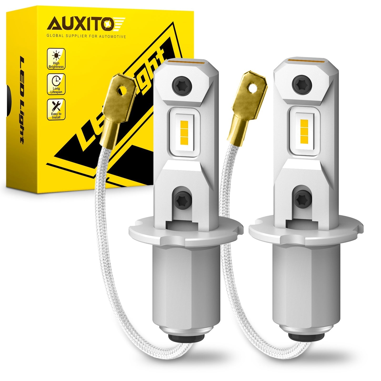 AUXITO H3 LED Fog Light Bulbs - 8 CSP Chips, 3000K Amber Yellow for Enhanced Visibility in Rain, Snow & Fog - Perfect for Trucks, SUVs & Off-Road Vehicles