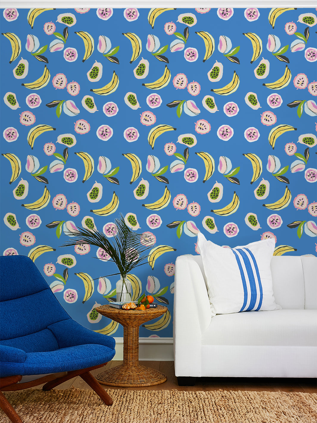 Cerulean 'Mango Papaya' Wallpaper by Tea Collection - Tropical Fruit Pattern Peel & Stick Wallpaper for Nursery, Bedroom, or Kitchen Decor
