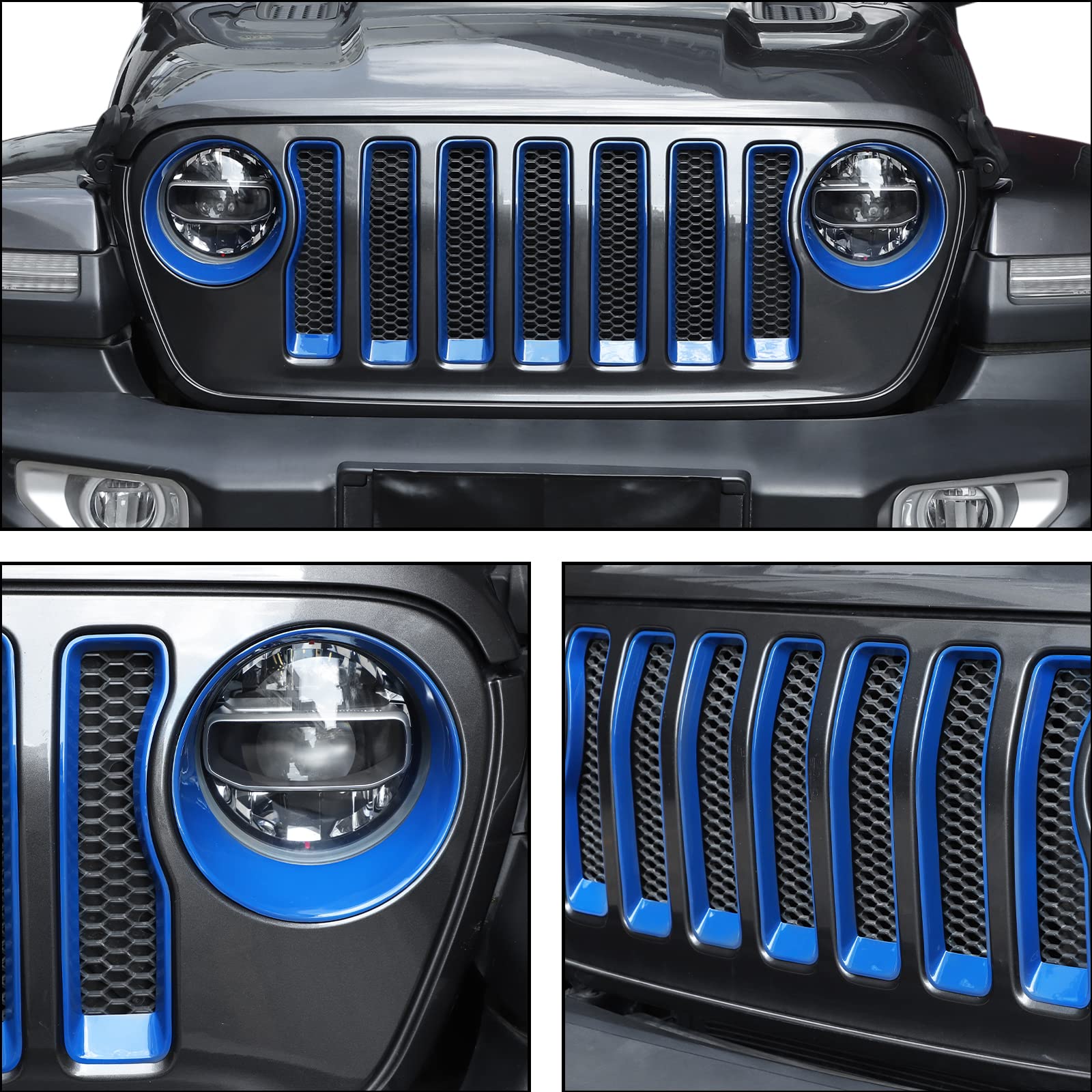 JeCar Front Grill Inserts & Headlight Trim Cover - Exterior Accessories for Jeep Wrangler 2018-2023 JL & Unlimited (Blue) - Upgrade Your Off-Road Style for Adventure & Daily Driving