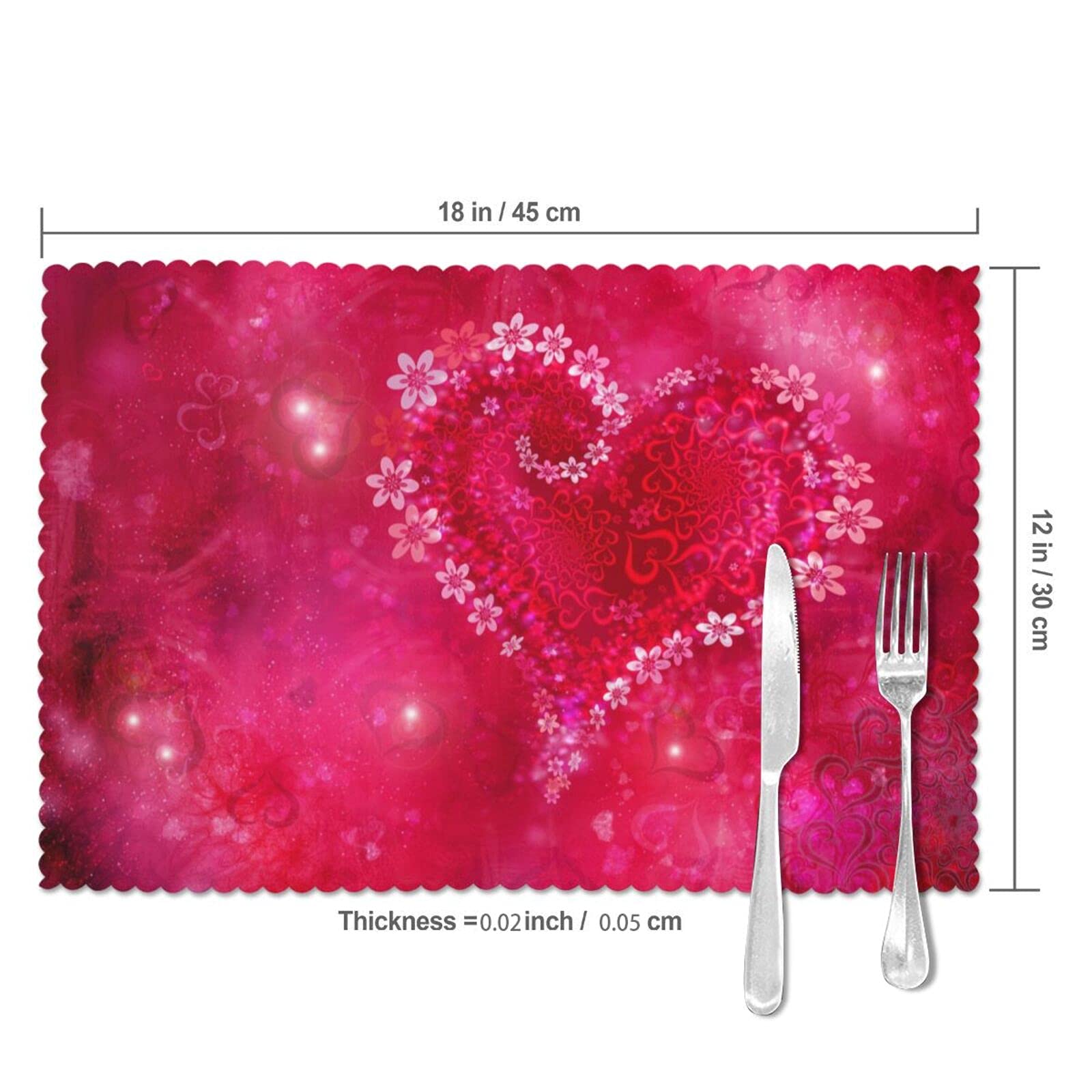 Valentine's Day Placemats Set of 4 - 12x18 Inch Floral Heart Design Washable & Heat-Resistant Table Mats for Kitchen Dining - Perfect for Romantic Dinners, Anniversary Celebrations & Home Decor (Red)