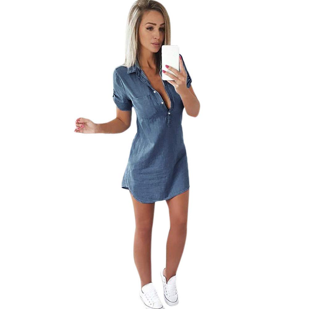 Women's Summer Denim Dress - Solid Color Collar Turn Down Mini Dress with Short Sleeves | Plus Size Casual Outfit for Beach, Party & Daily Wear