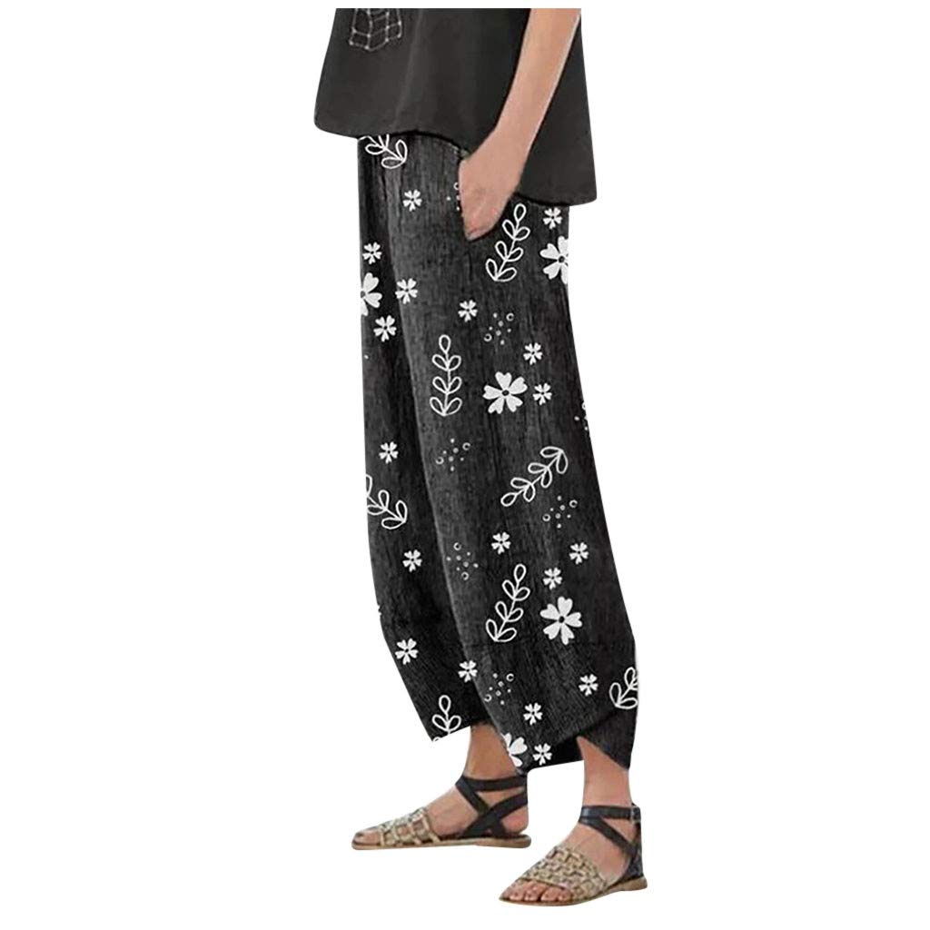 Women's Floral Print Linen Wide Leg Pants - Casual Loose Elastic Waist with Pockets - Breathable Cotton Linen Blend for Summer, Travel & Boho Style Outfits