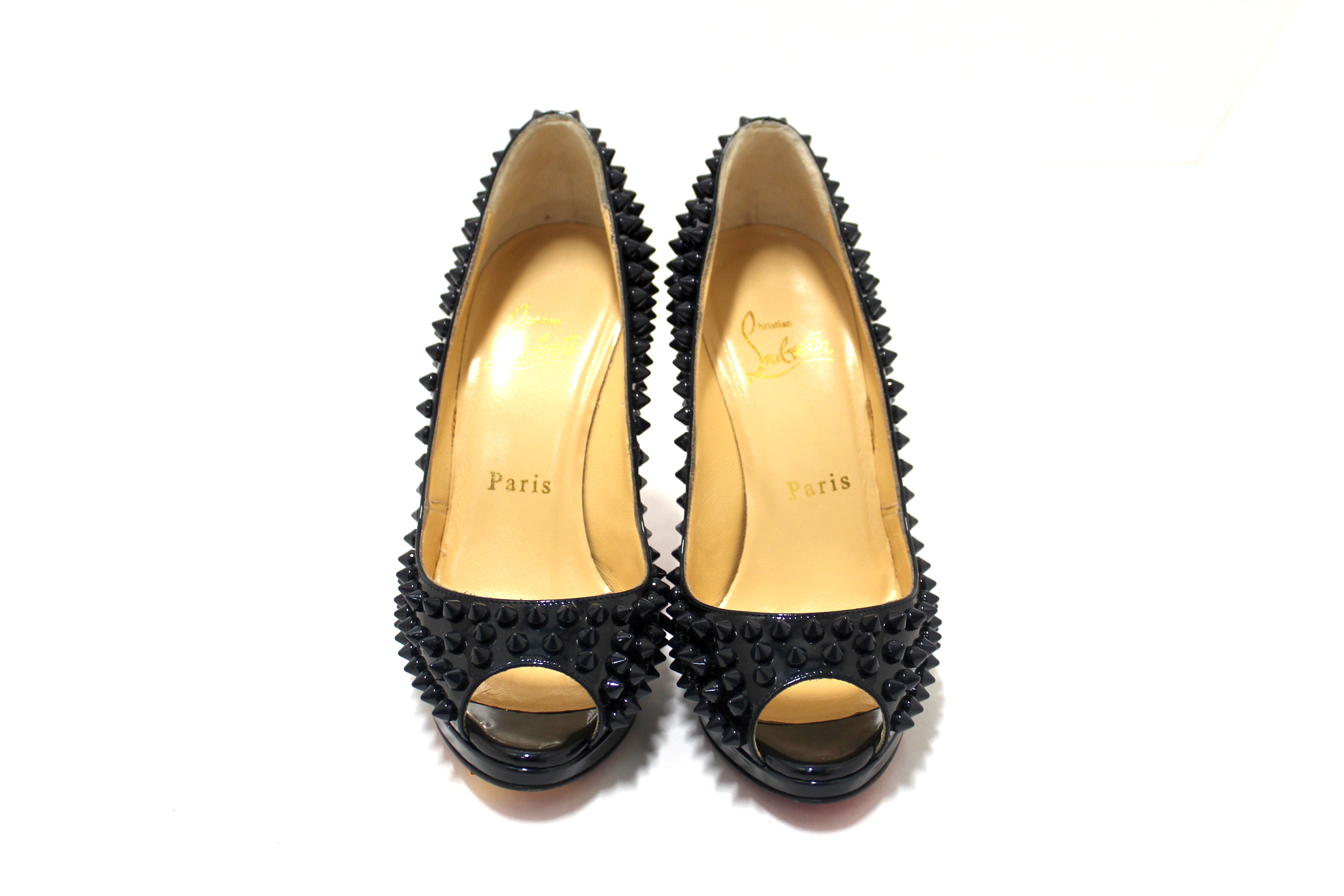 Authentic Christian Louboutin Blue Patent Leather Yolanda Spikes Peep Toe Pumps Women's Shoes Size 34.5 - Perfect for Evening Parties, Weddings & Special Occasions