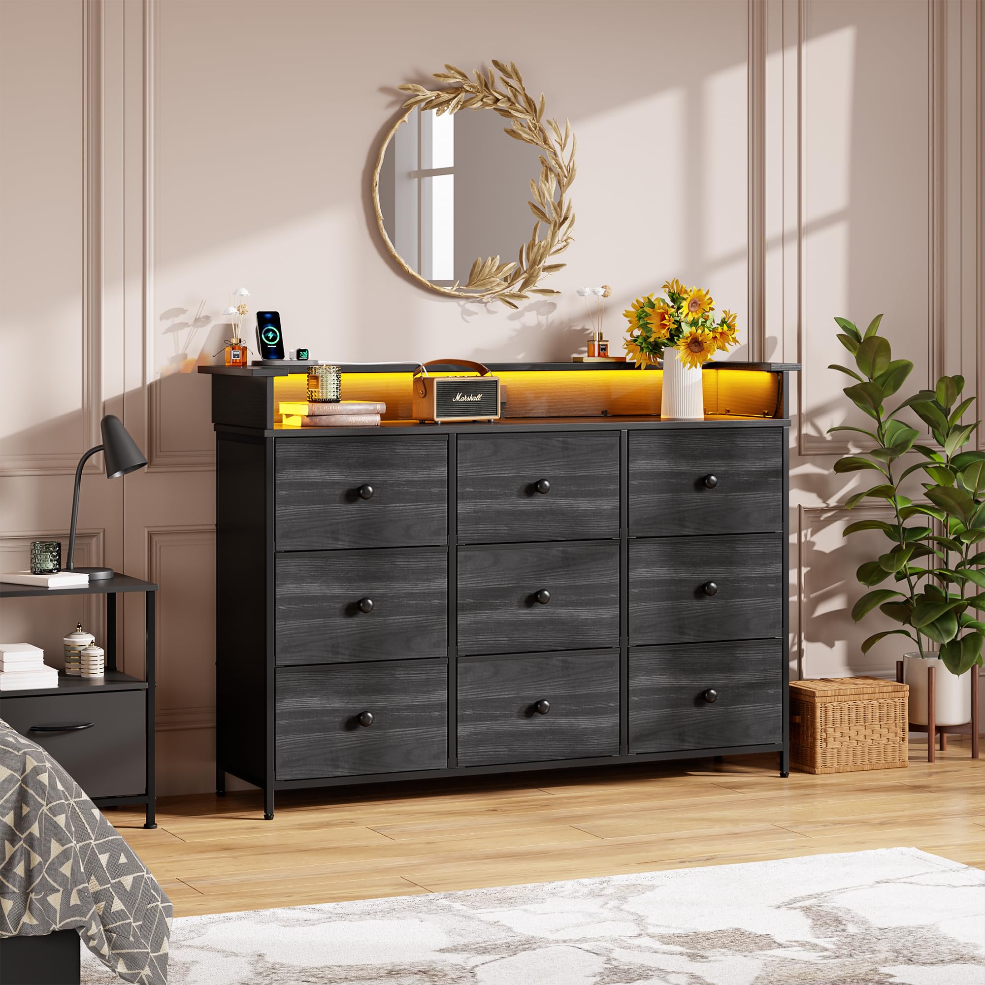 Nicehill 9-Drawer Dresser with LED Lights - Modern Black Wood Grain Fabric Chest for Bedroom, Living Room, TV Stand or Hallway Entryway Storage - Perfect for Organizing Clothes, Electronics & Home Decor