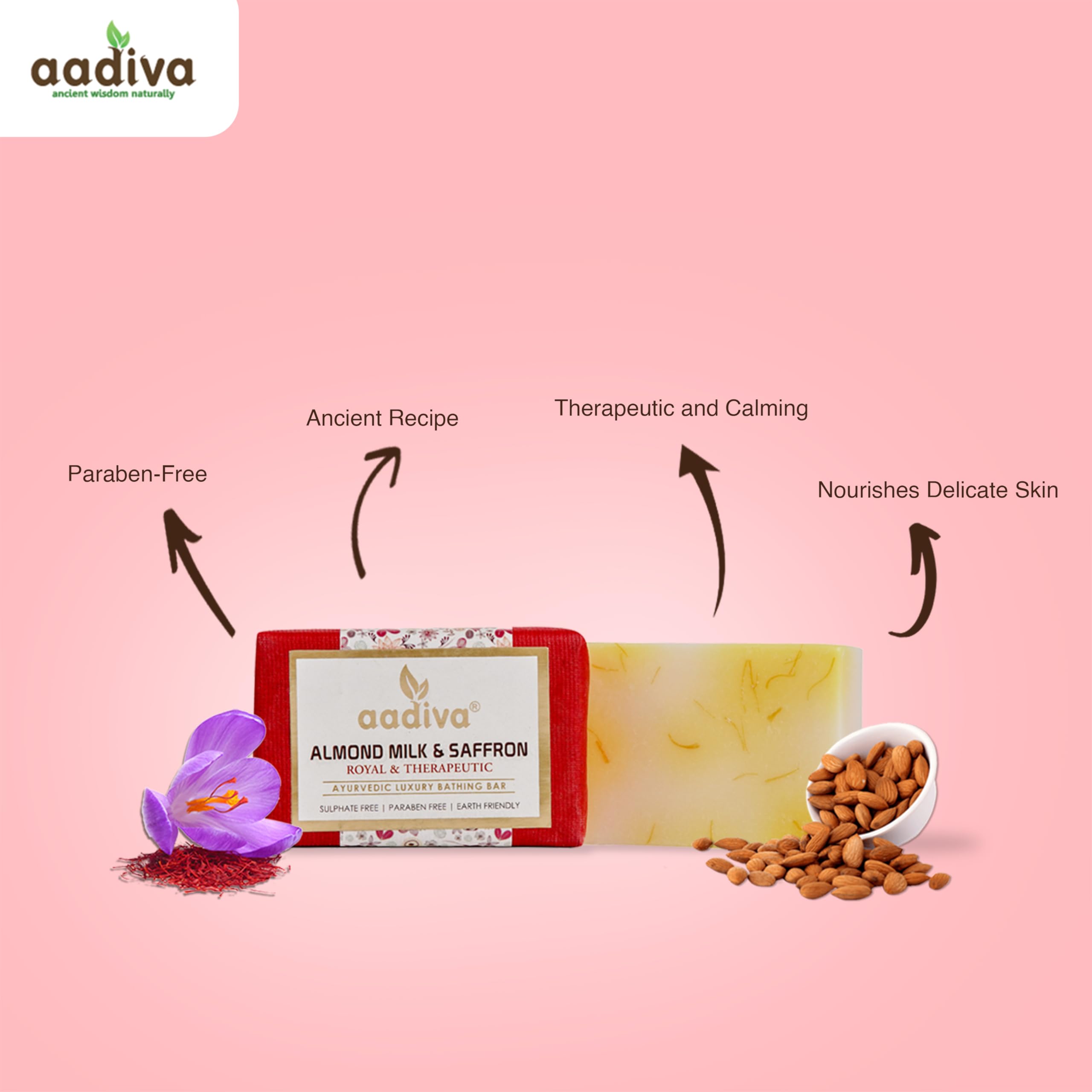 **Aadiva Almond Milk & Saffron Ayurvedic Handmade Soap Bar – 100g, Sulfate-Free, Paraben-Free – Natural Skincare for Dry & Sensitive Skin – Perfect for Daily Bathing & Relaxation**