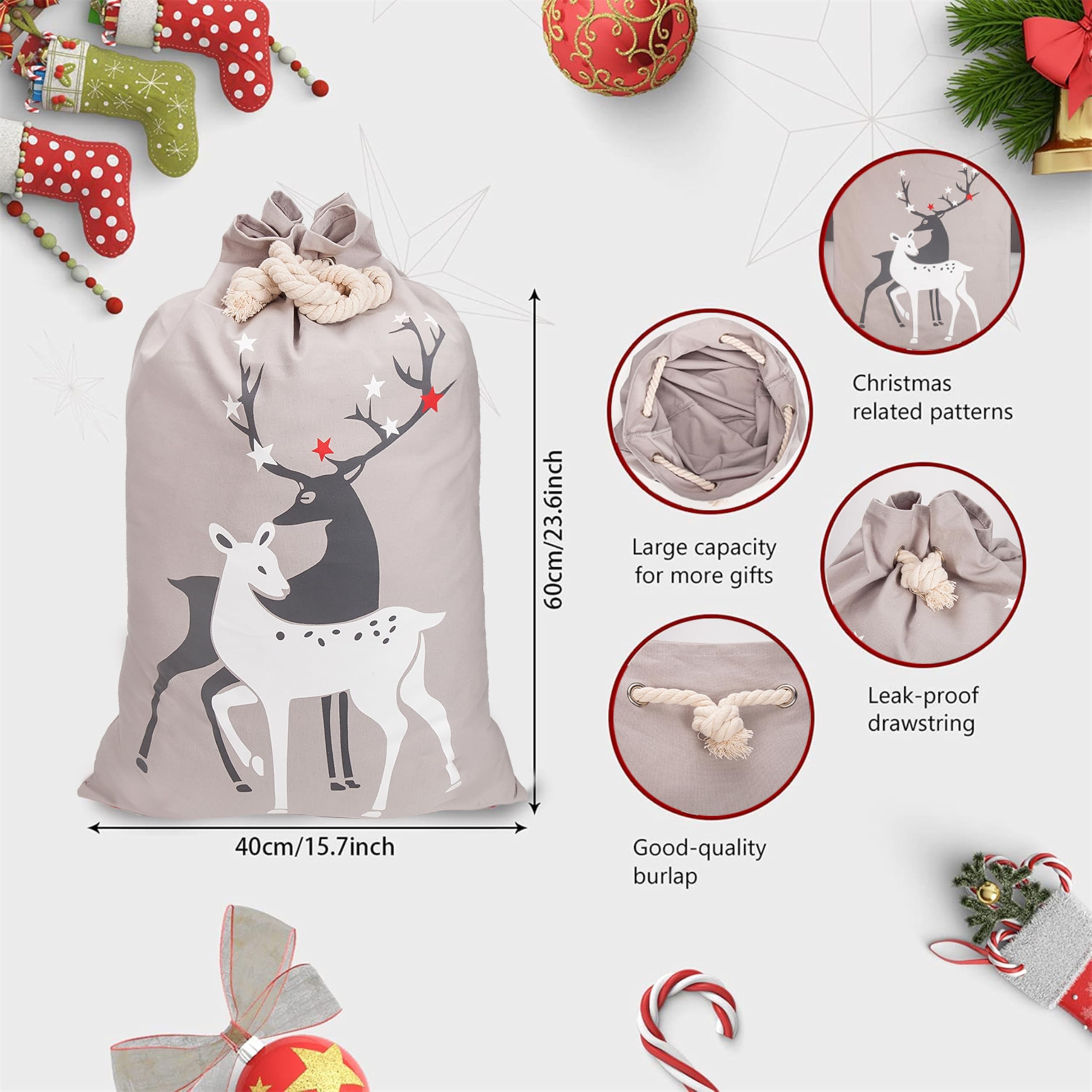 2 Pack Christmas Santa Sacks for Kids - Large 27.5x19.5 Inch Drawstring Gift Bags (Reindeer Red & Grey) - Holiday Stocking Stuffers, Xmas Decorations & Present Storage for Home, Parties & Festive Celebrations