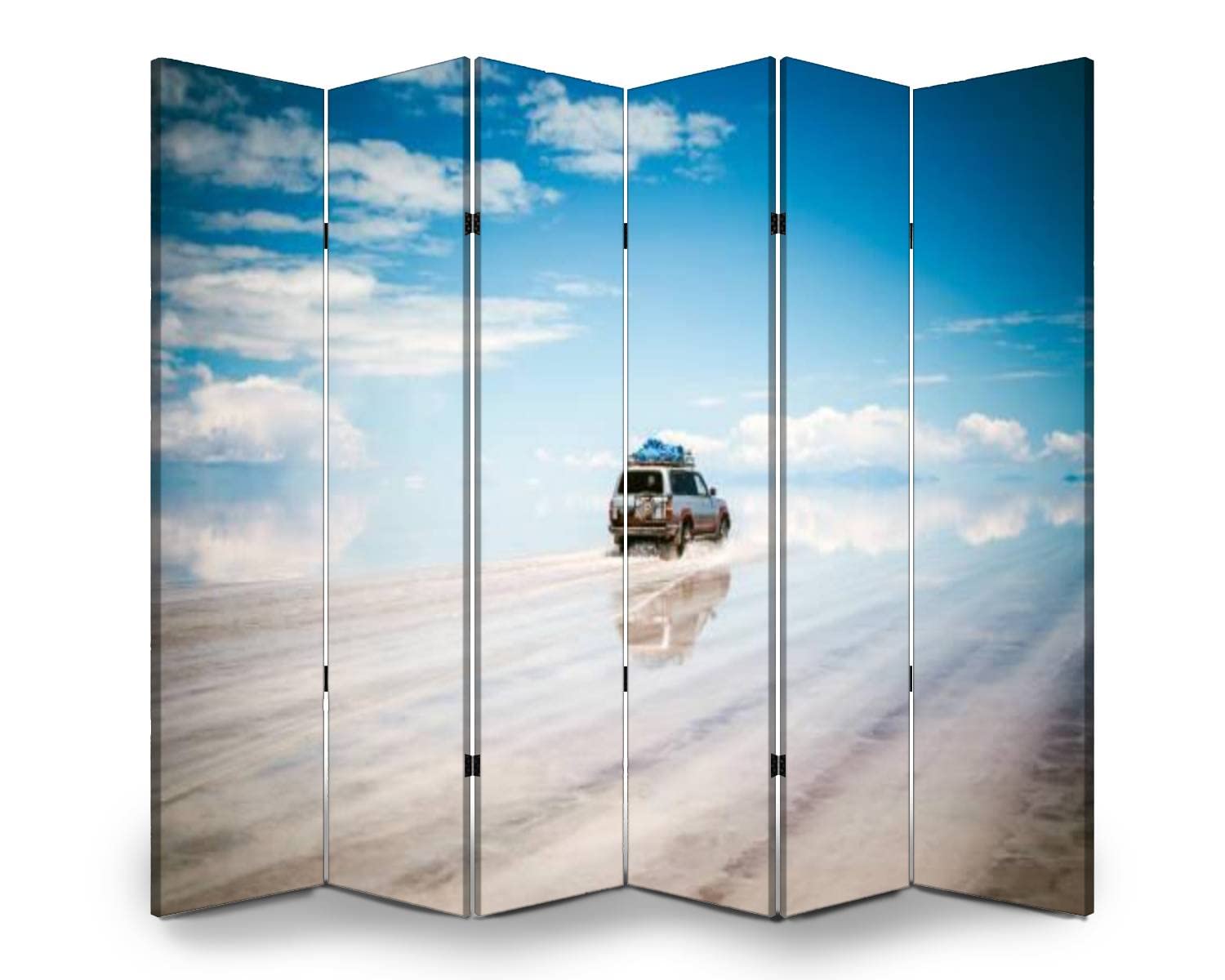 6-Panel Wooden Room Divider - Foldable Privacy Screen with Canvas Panels for Home & Office | Dual-Sided Wall Partition for Indoor Spaces, Bedroom Separator, Yoga Studio Divider, and Event Display Backdrop