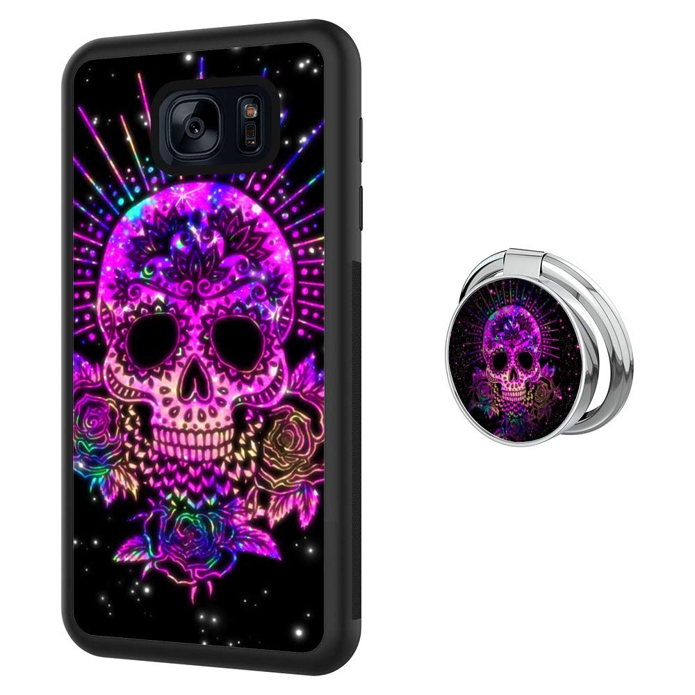 ZacharyMarcus Purple Sugar Skull Samsung Galaxy S7 Case - 360° Rotatable Silver Ring Buckle, Durable TPU Black Anti-Slip Phone Cover | Perfect for Halloween, Dia de Los Muertos & Everyday Protection