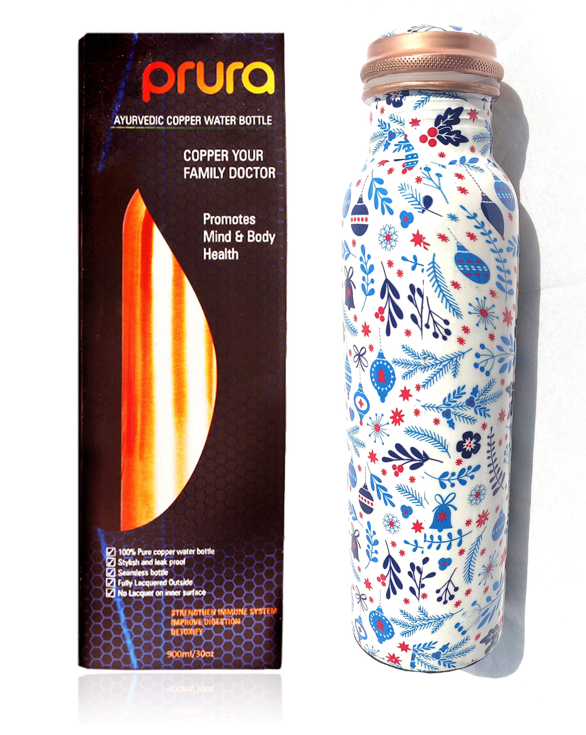 PRURA Pure Printed Copper Water Bottle - 30oz Leak Proof Ayurvedic Copper Vessel for Sports, Gym, Yoga & Outdoor Activities | BPA-Free, Health Benefits, Perfect for Hydration at Work, Travel & Fitness