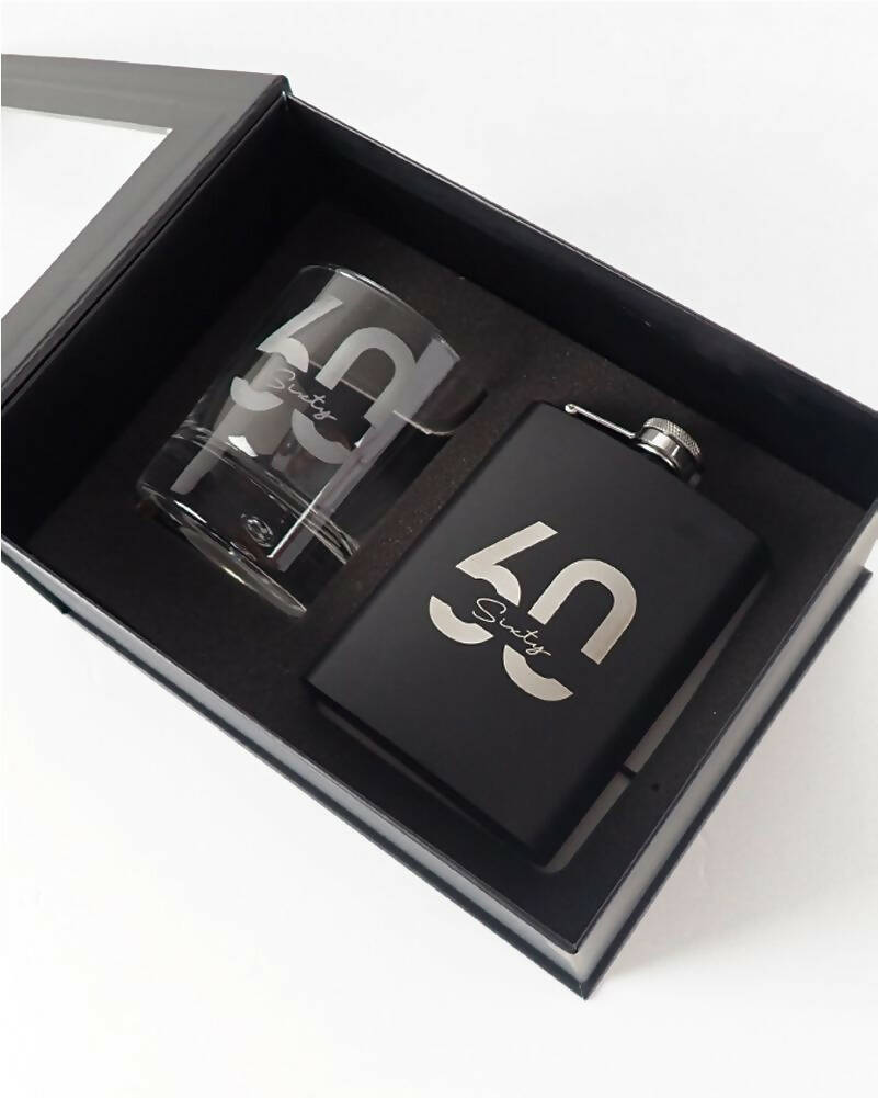60th Birthday Gift Set - Engraved Black Stainless Steel Hip Flask & Scotch Glass - Perfect for Whiskey Lovers, Retirement Party, Father's Day & Gag Gifts