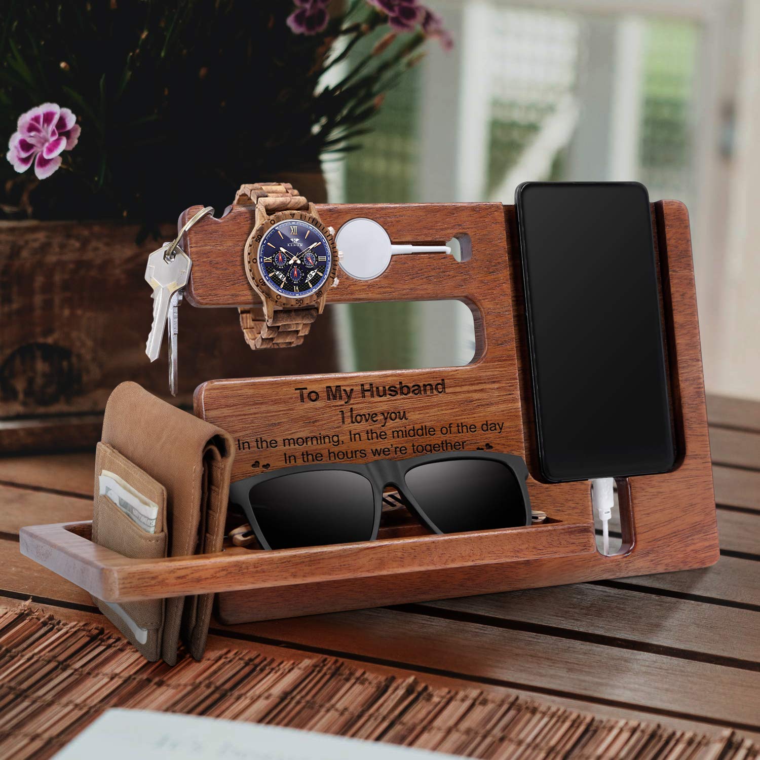 Personalized Wooden Docking Station & Nightstand Organizer - Engraved Keychain, Wallet, Watch Storage Rack for Men | Handmade Travel Gadget | Perfect Graduation & Birthday Gift for Husband | Ideal for Bedside, Office Desk & Travel Organization