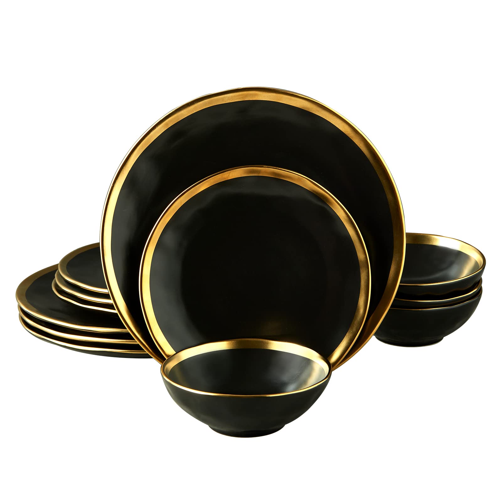 12-Piece Black Luxury Porcelain Dinnerware Set with Gold Rim - Elegant Plates & Bowls for Wedding, Anniversary, Birthday - Service for 4 - Modern Tableware for Fine Dining & Special Occasions