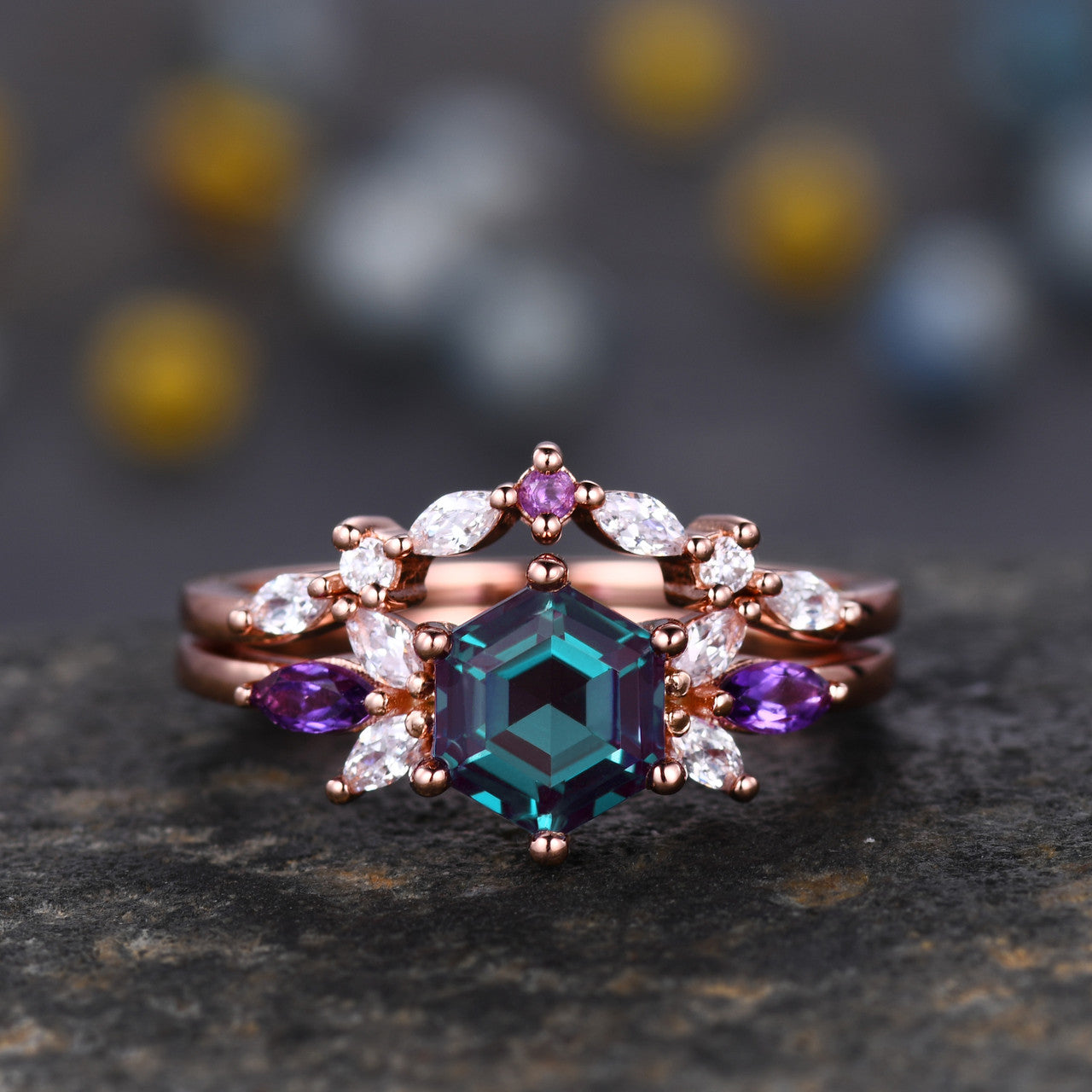 Vintage Alexandrite & Moissanite Engagement Ring Set with Amethyst Matching Band - June Birthstone Jewelry for Weddings & Anniversaries