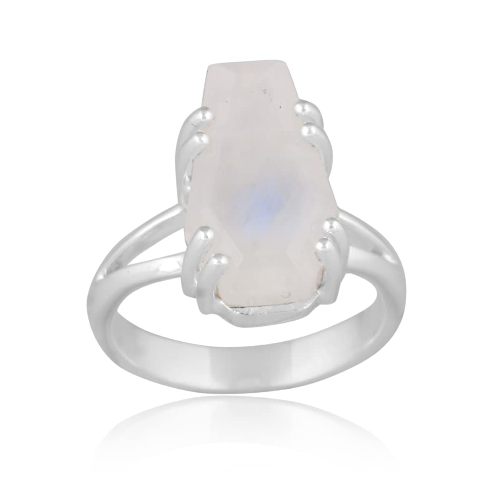Natural Rainbow Moonstone Coffin Ring - 925 Sterling Silver Boho Statement Ring for Women, Handmade Promise Band Jewelry Gift for Mom, Wife, Girlfriend - Perfect for Weddings, Anniversaries & Special Occasions