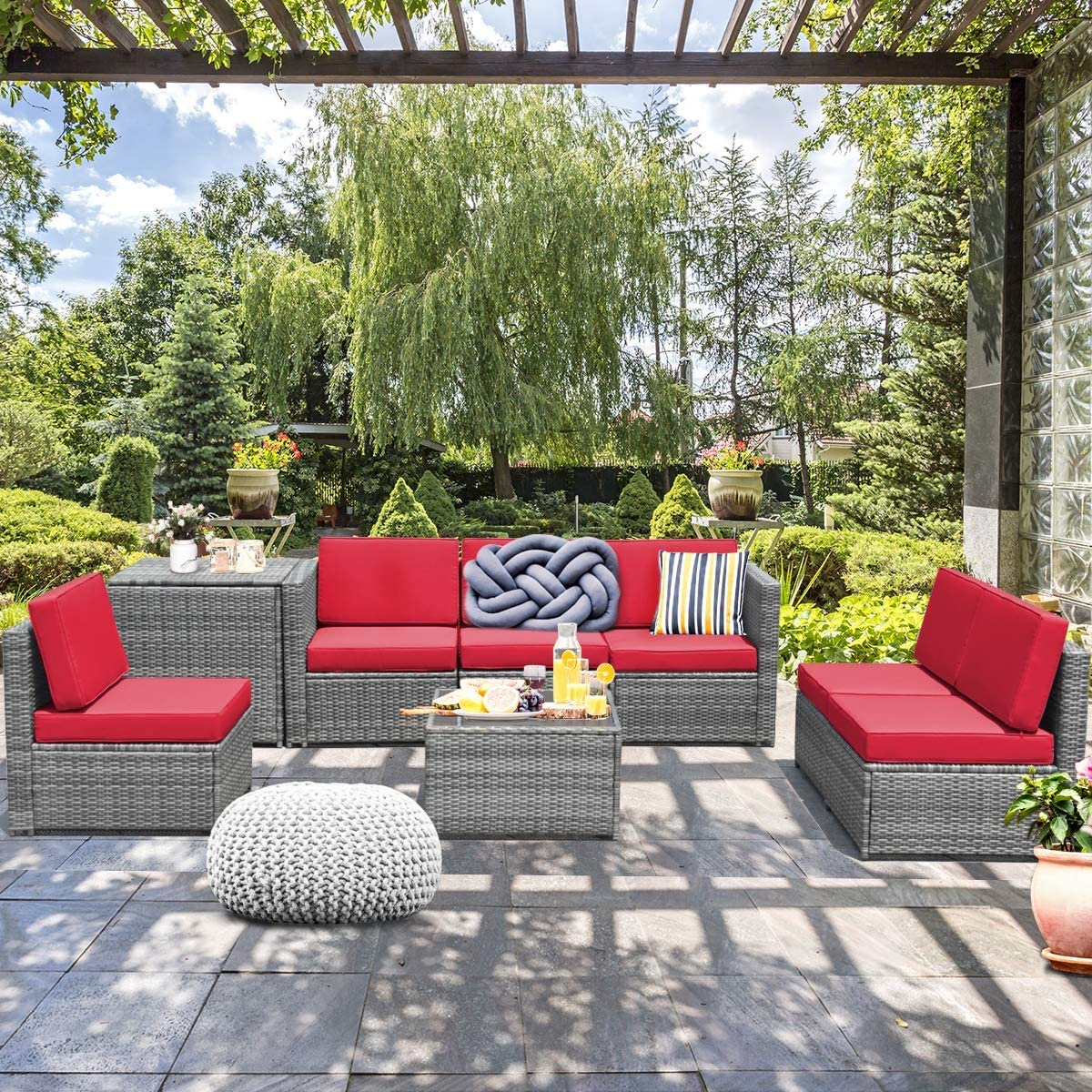 HAPPYGRILL 8-Piece Outdoor Patio Furniture Set - PE Rattan Wicker Sectional Sofa with Coffee Table, Cushions & Storage Box - Perfect for Garden, Backyard, Poolside & Outdoor Conversations